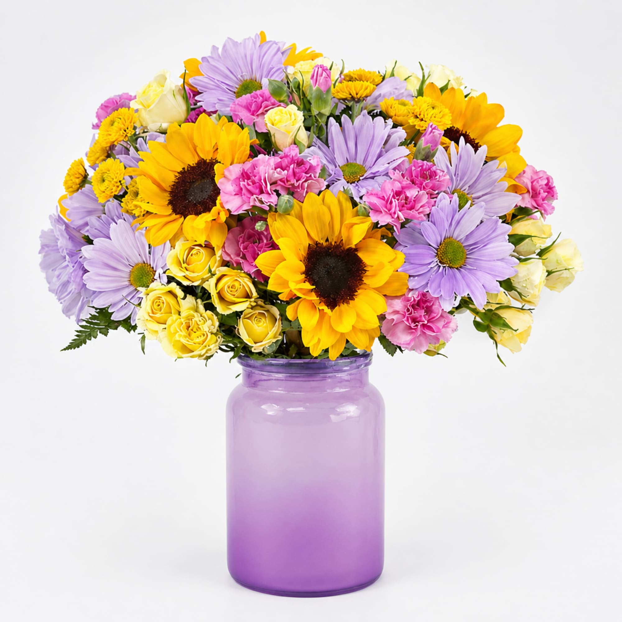 Bright, cheerful, and beautifully balanced, Lavender Sunrise Garden brings together radiant sunflowers