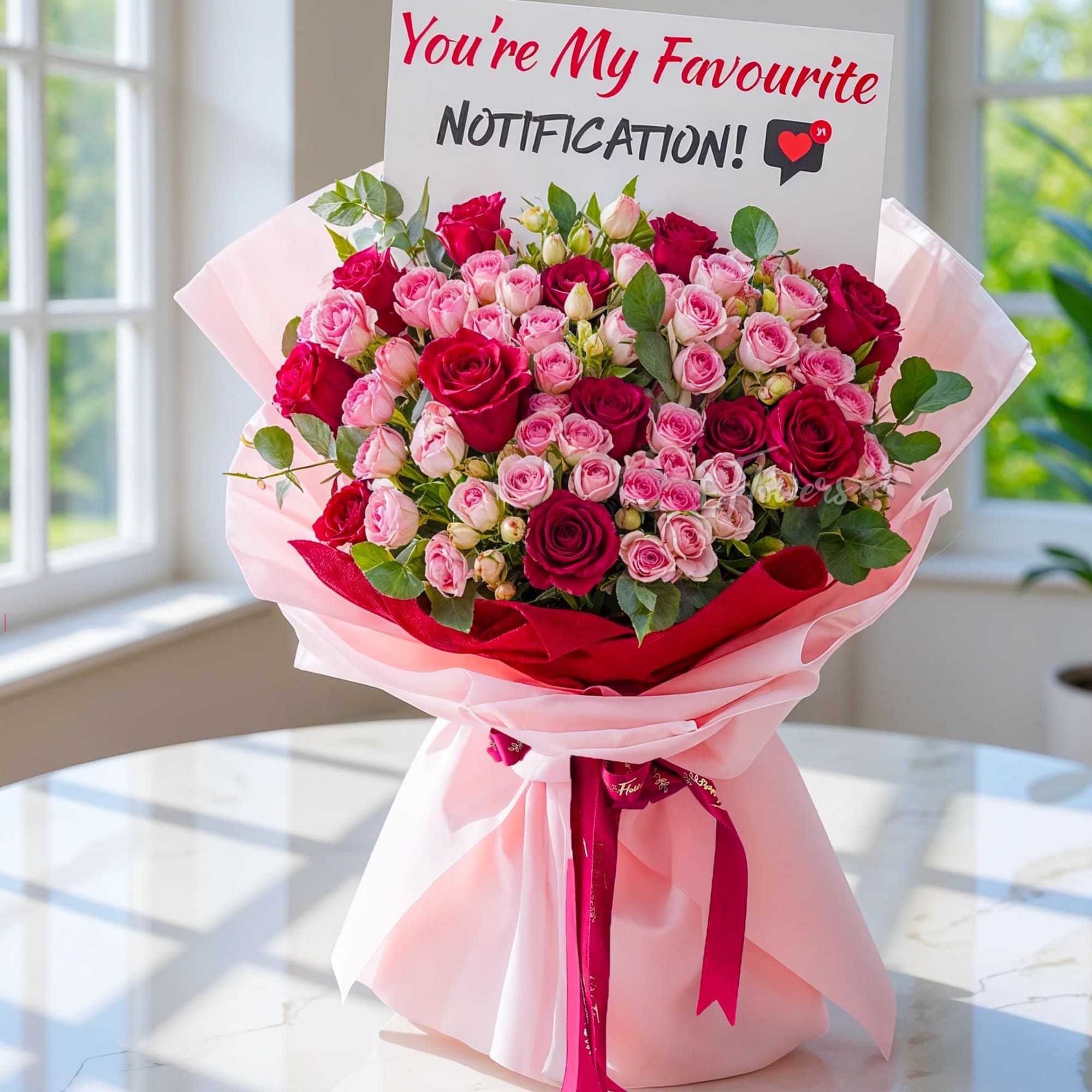 Bouquet of pink and red roses with a greeting card