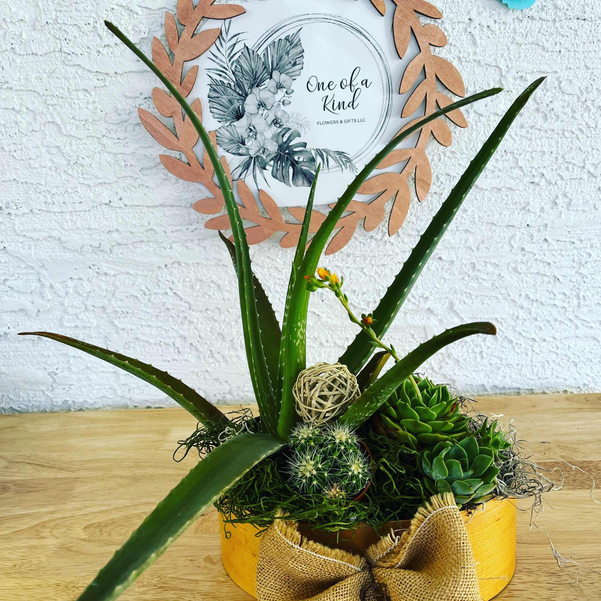 Succulent and aloe arrangement in a yellow container with a burlap bow, photo 3 of 3