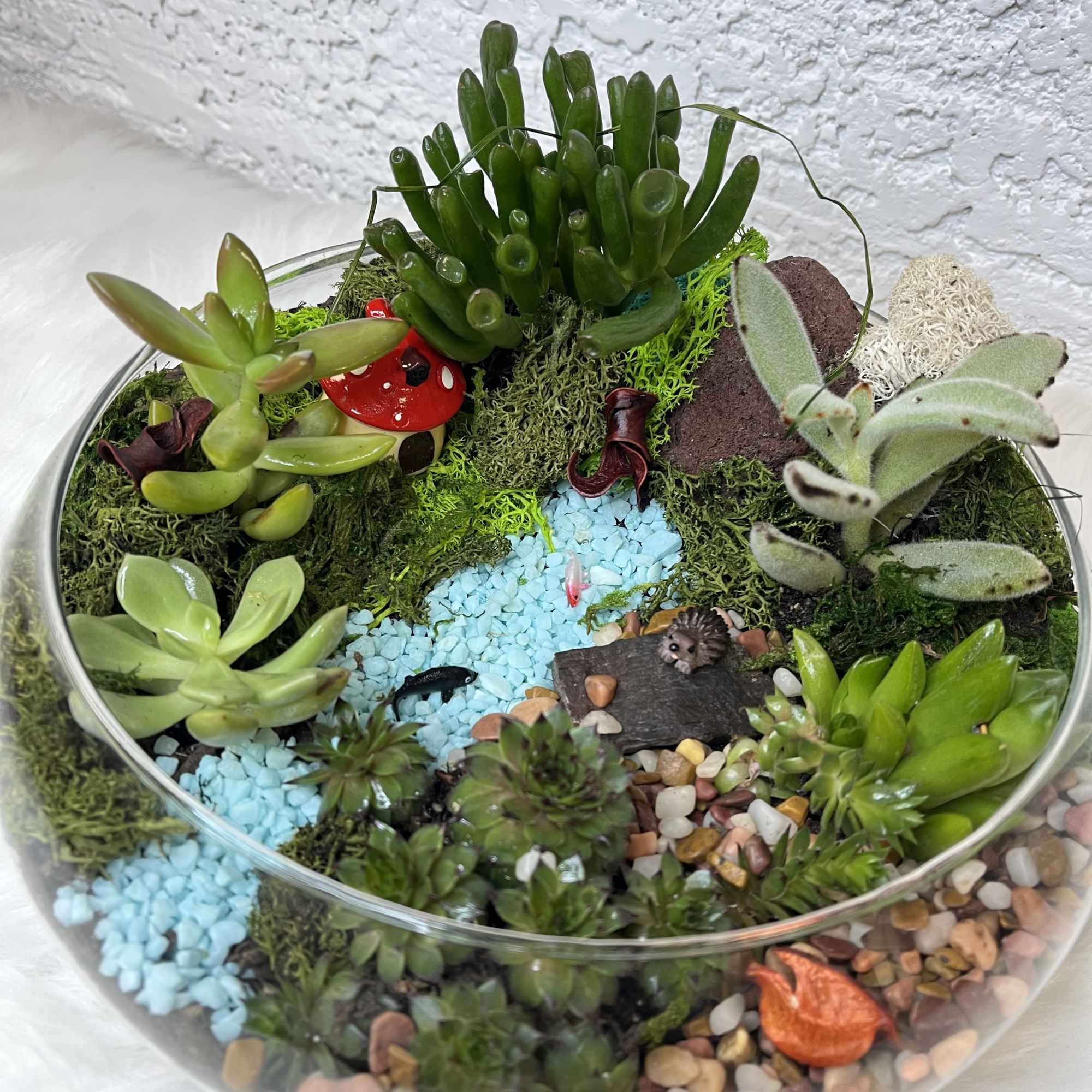 Succulent terrarium in a glass bowl with decorative stones and mini ornaments