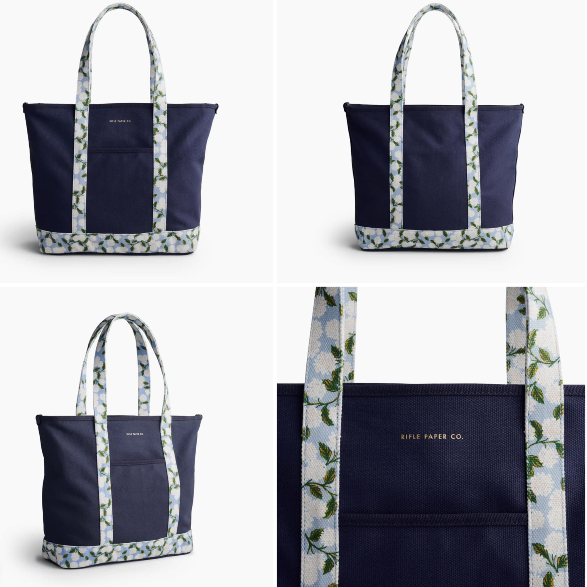 Navy tote bag with floral-patterned handles and trim