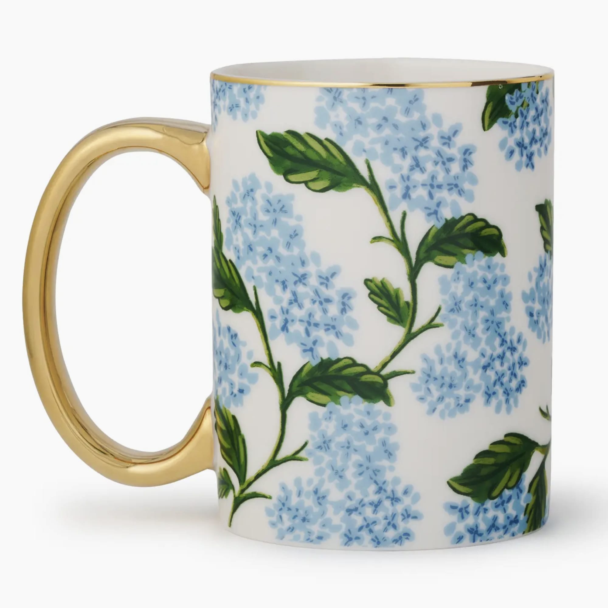 Floral-patterned ceramic mug with a gold handle