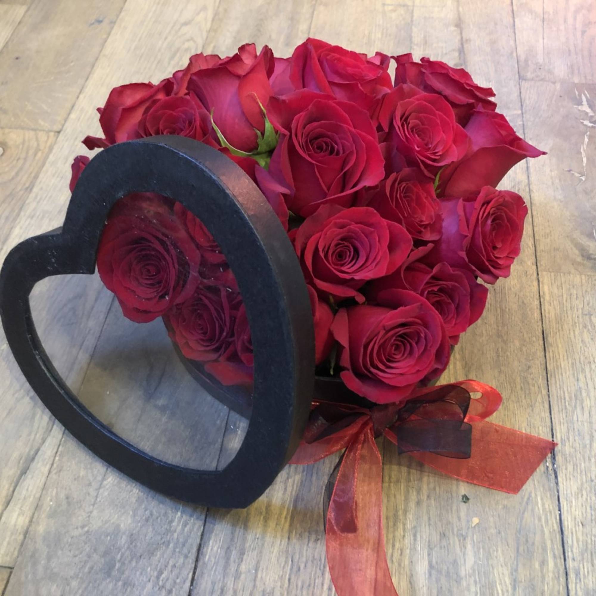 Red Roses in a Black Heart Shape Box. If Red is not, photo 2 of 3