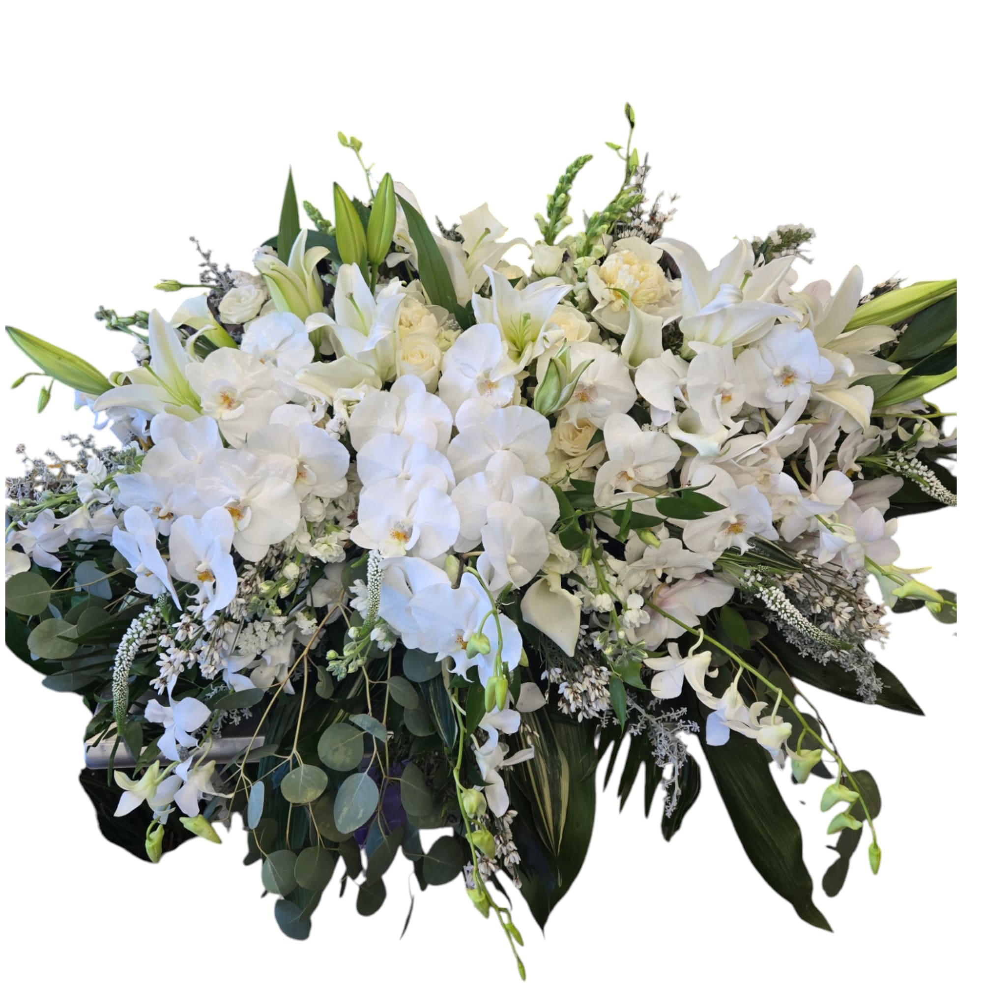 Large white floral spray with orchids, lilies, and calla lilies
