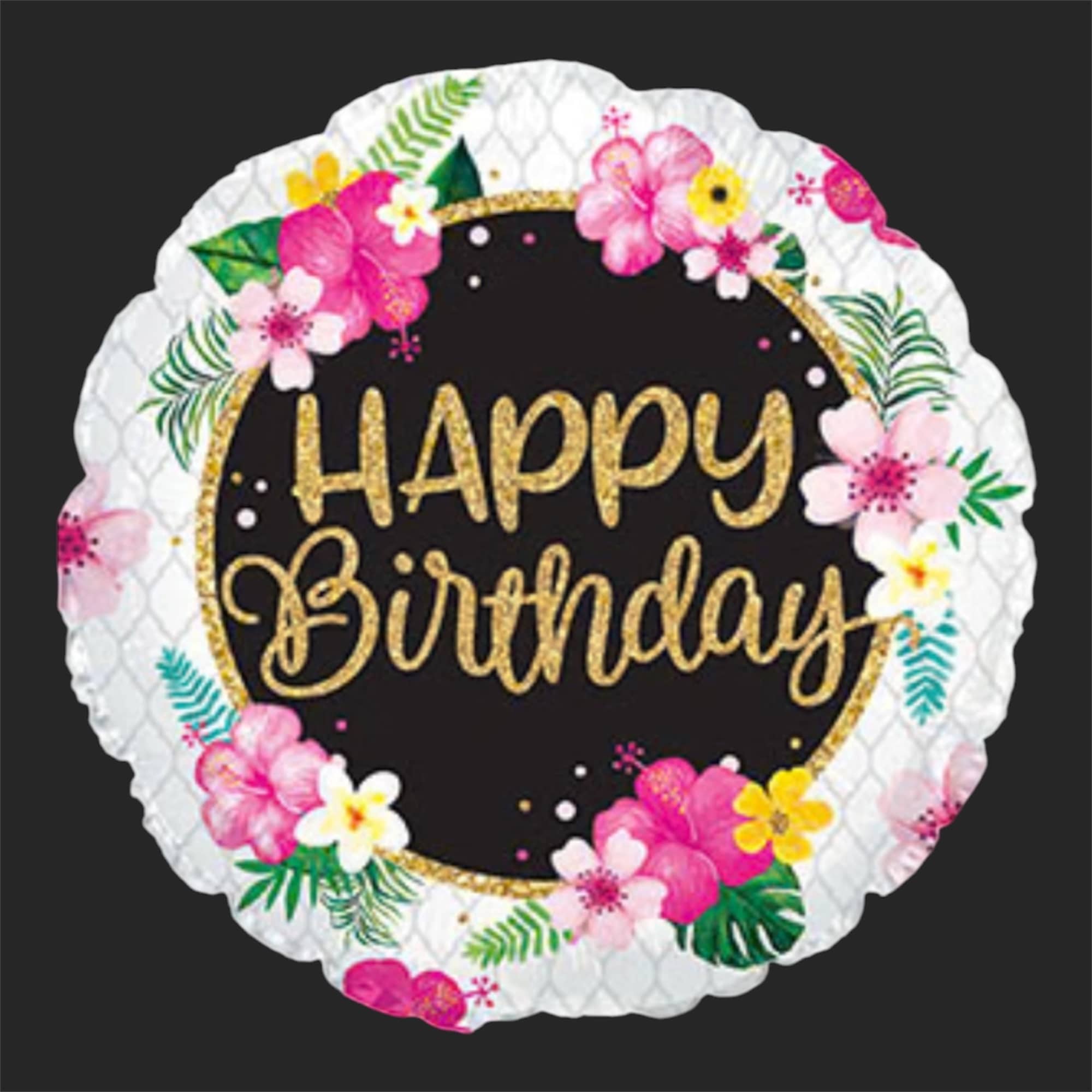 Round birthday balloon with pink flowers and gold lettering