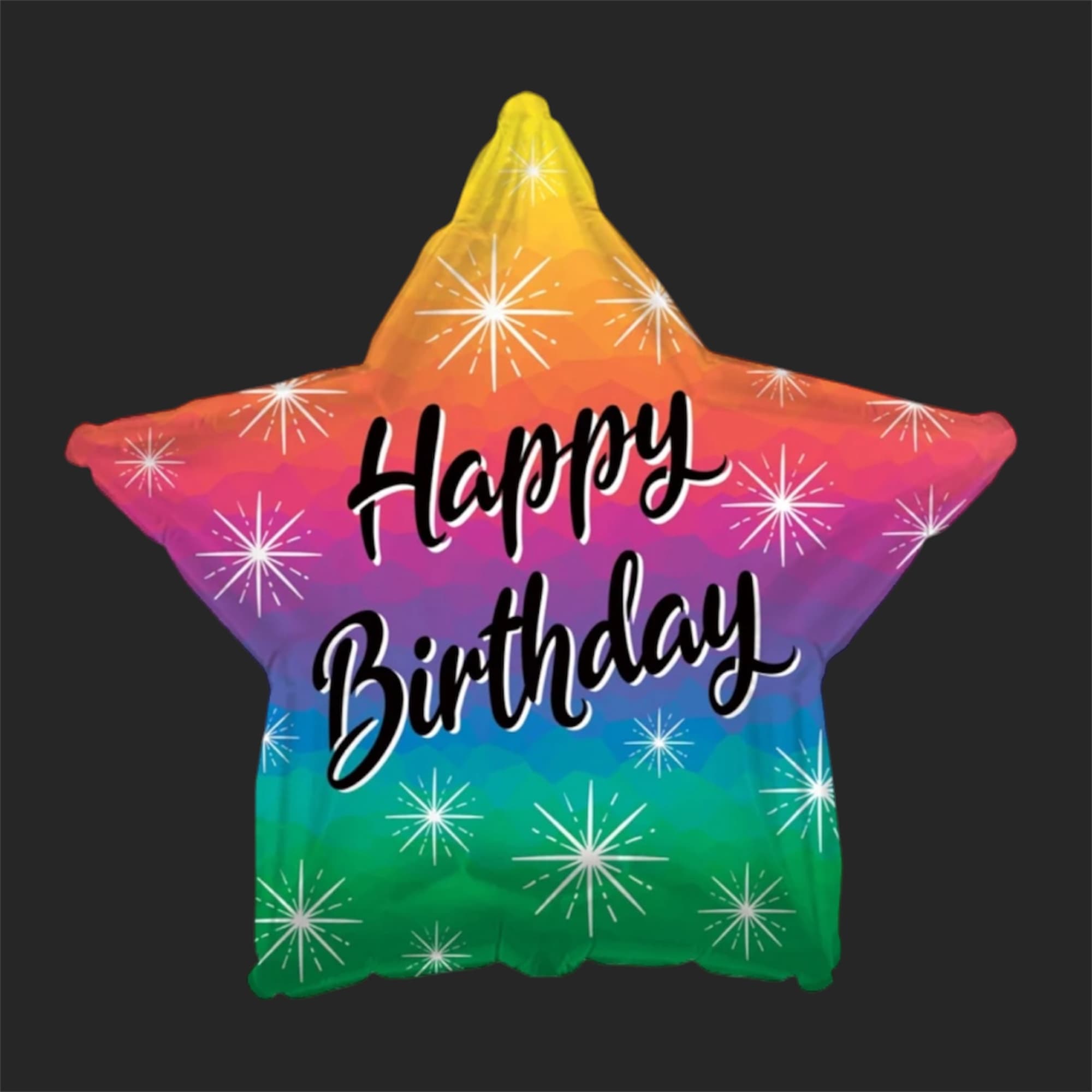 Star-shaped birthday balloon with rainbow colors and sparkles