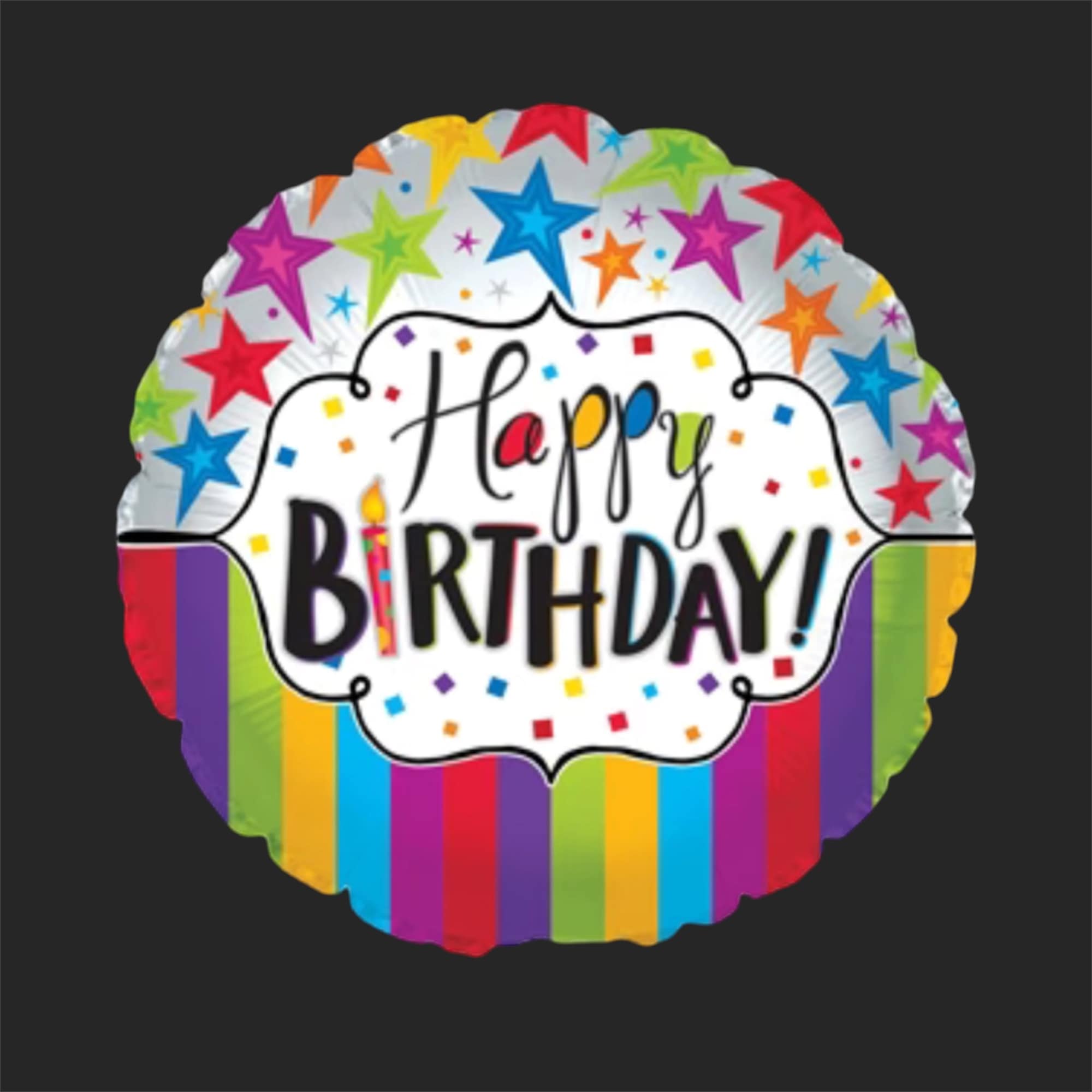 Round birthday balloon with colorful stars and stripes