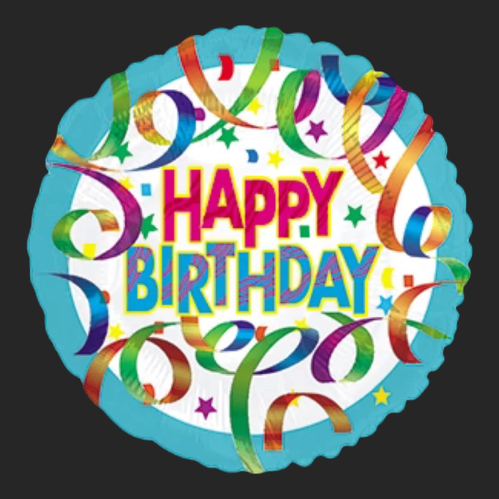 Round birthday balloon with colorful streamers and "Happy Birthday" text