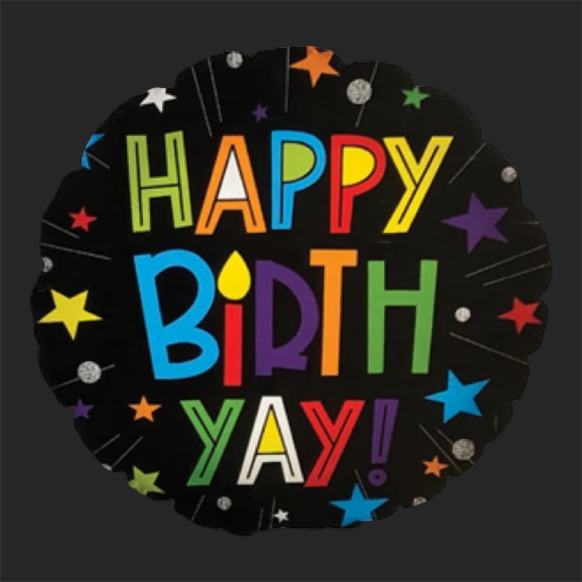 Round balloon with colorful "Happy Birthday" text and stars