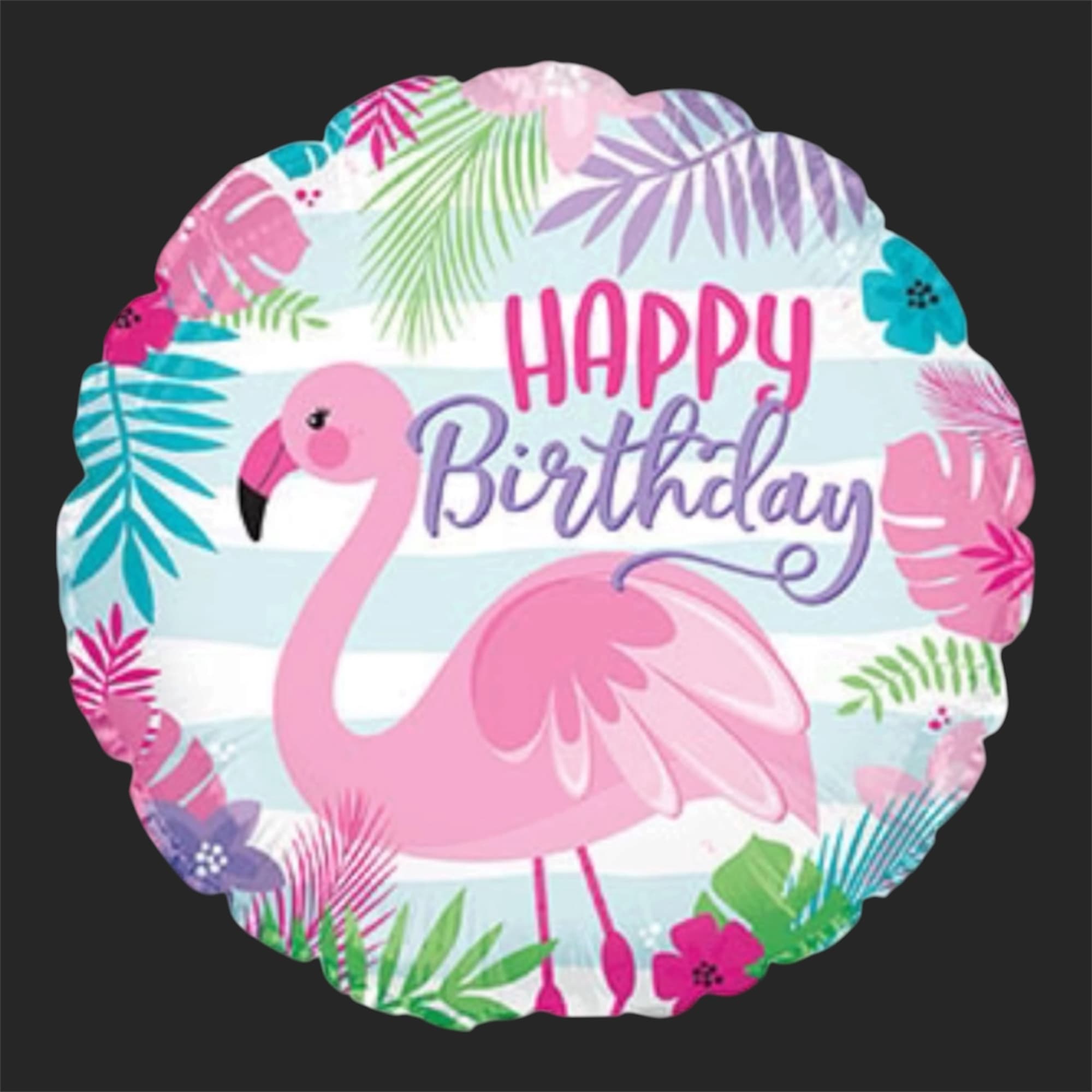 Round birthday balloon with a pink flamingo and tropical leaves