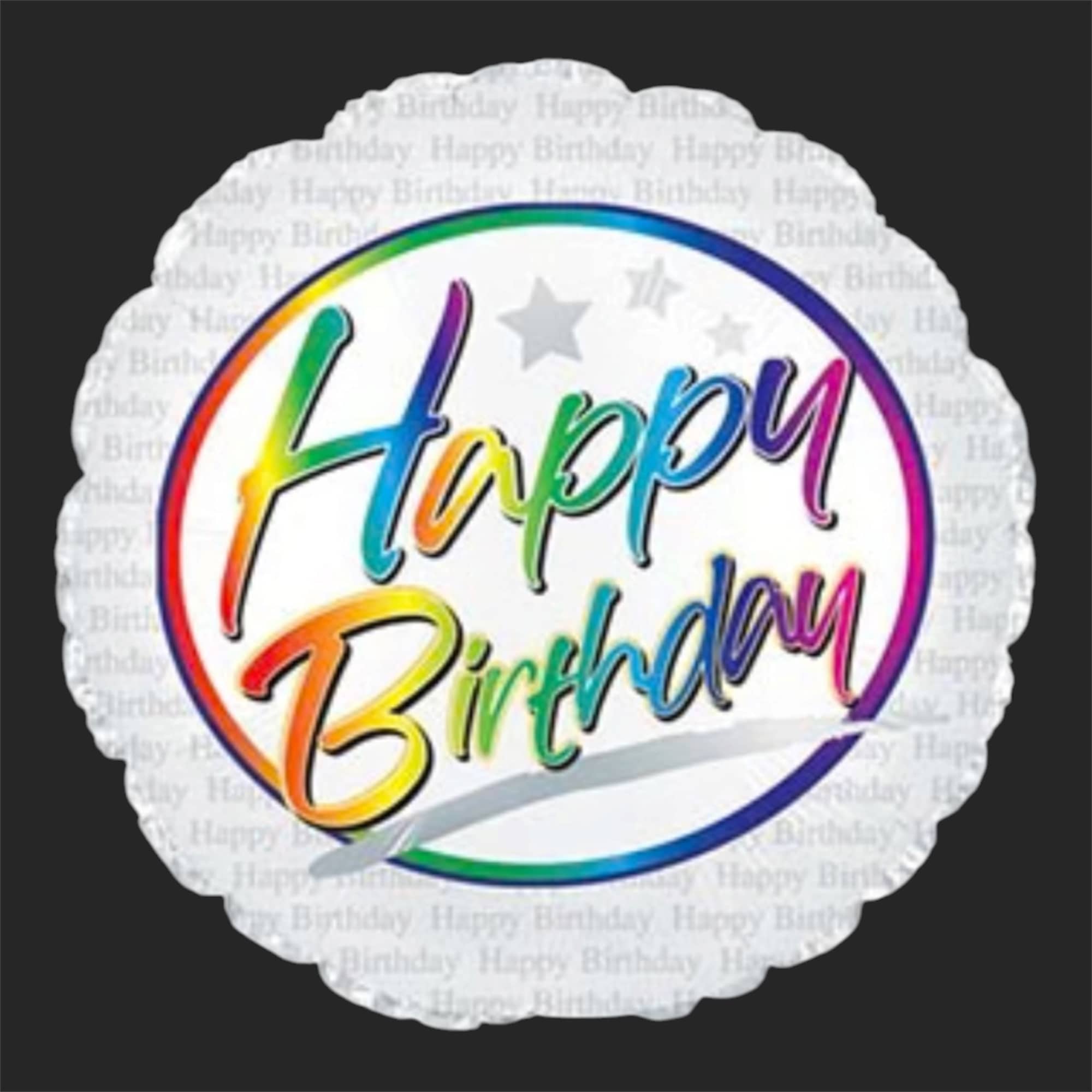 Round foil balloon with rainbow "Happy Birthday" text