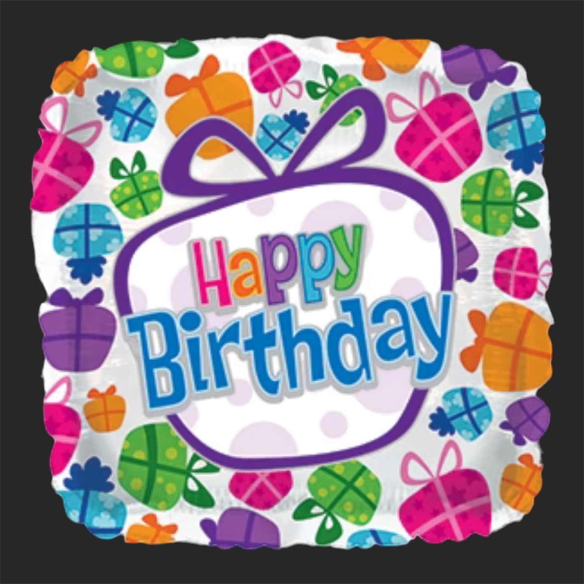 Square birthday balloon with colorful gift icons and "Happy Birthday" text