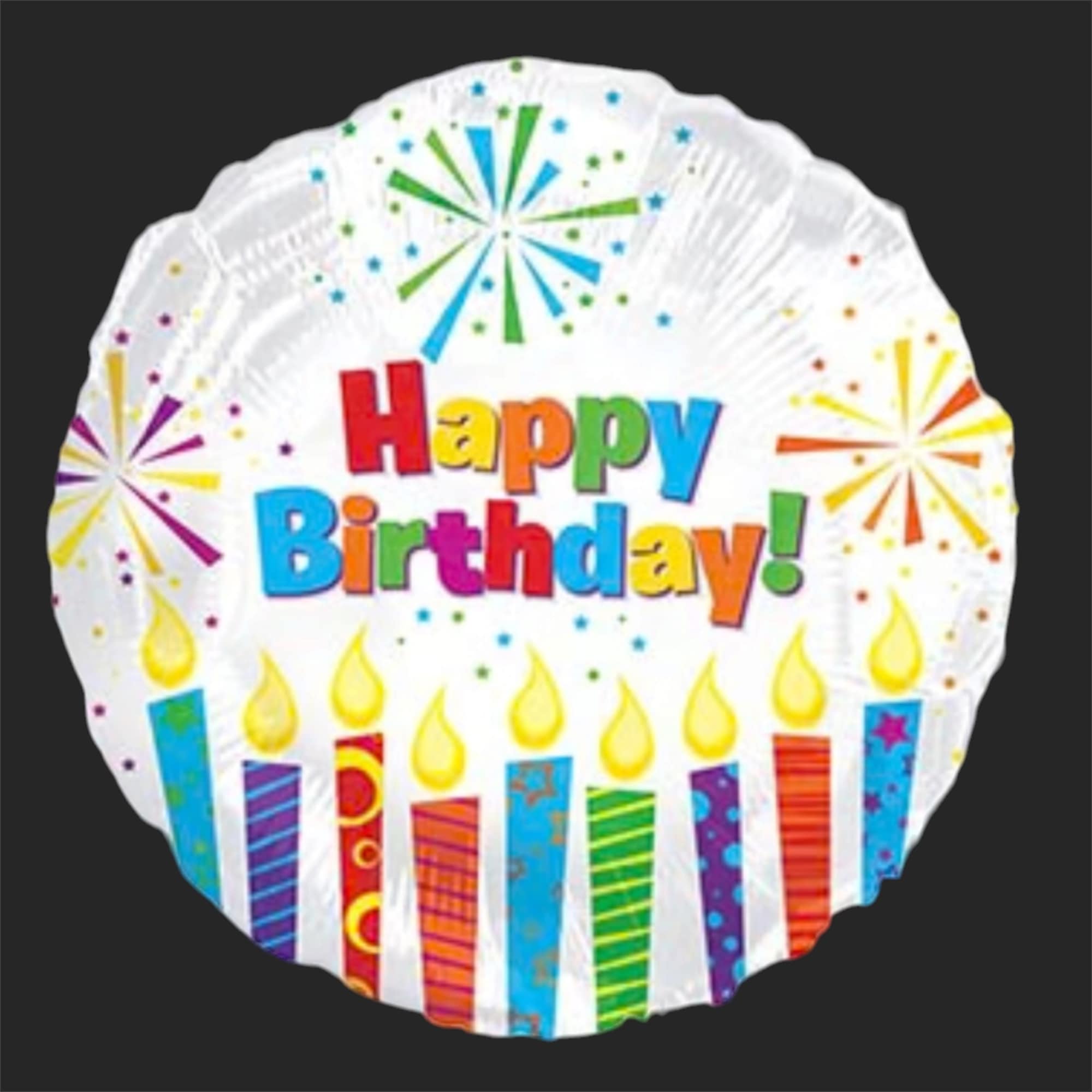 Round foil balloon with "Happy Birthday!" text and candle graphics