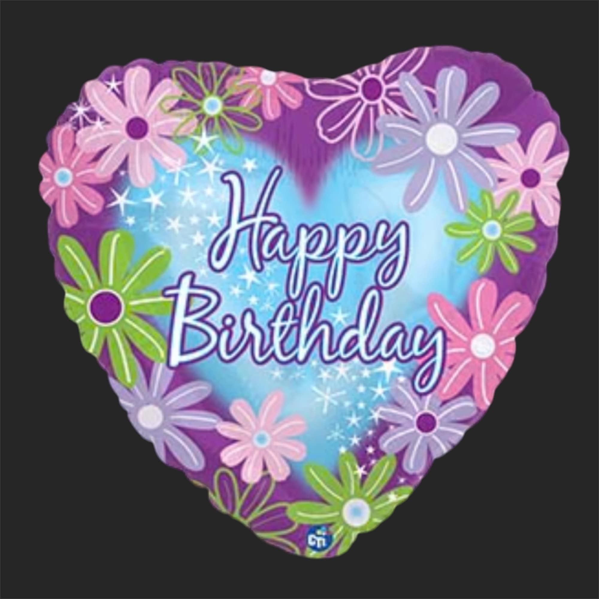Heart-shaped birthday balloon with colorful daisy graphics and text