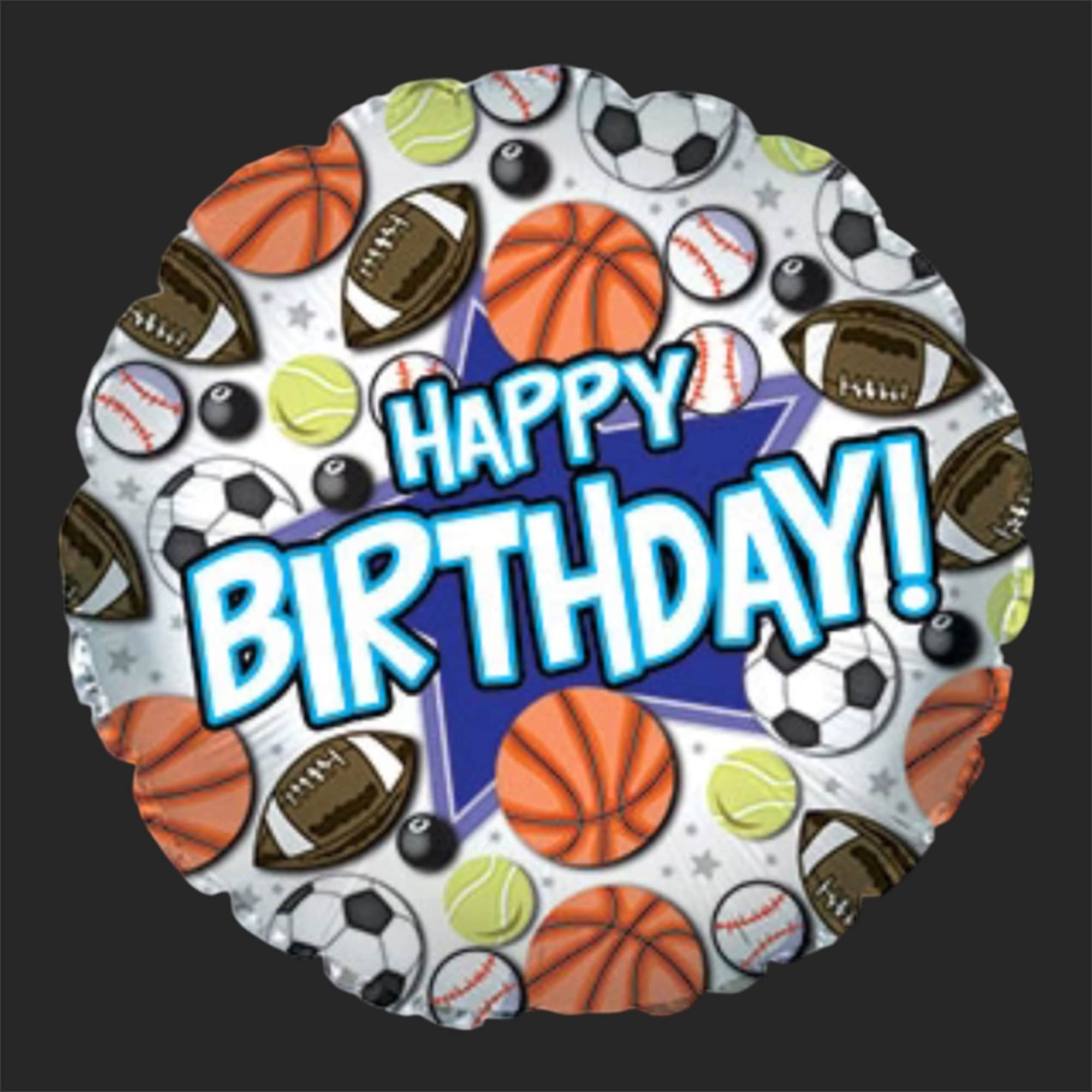 Round birthday balloon with sports balls and "Happy Birthday" text