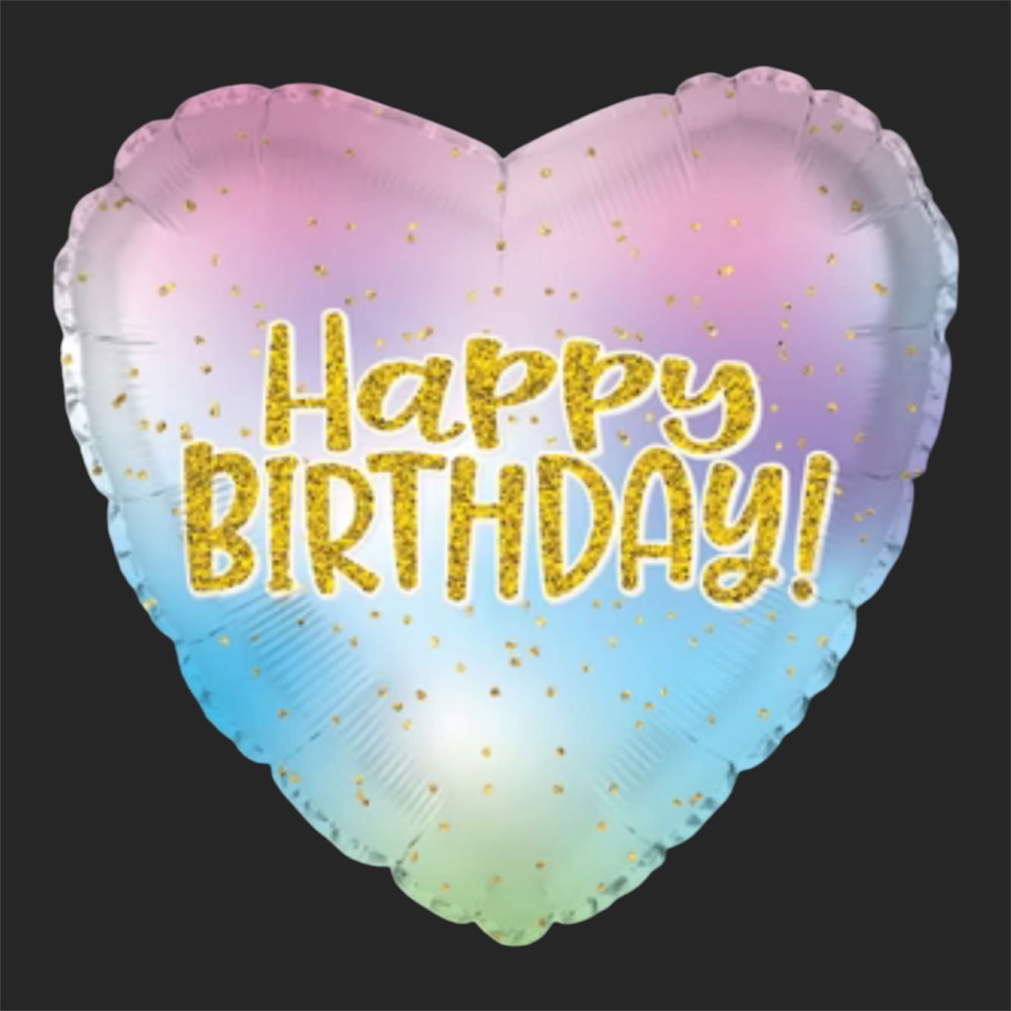 Heart-shaped birthday balloon with pastel rainbow colors and gold confetti text