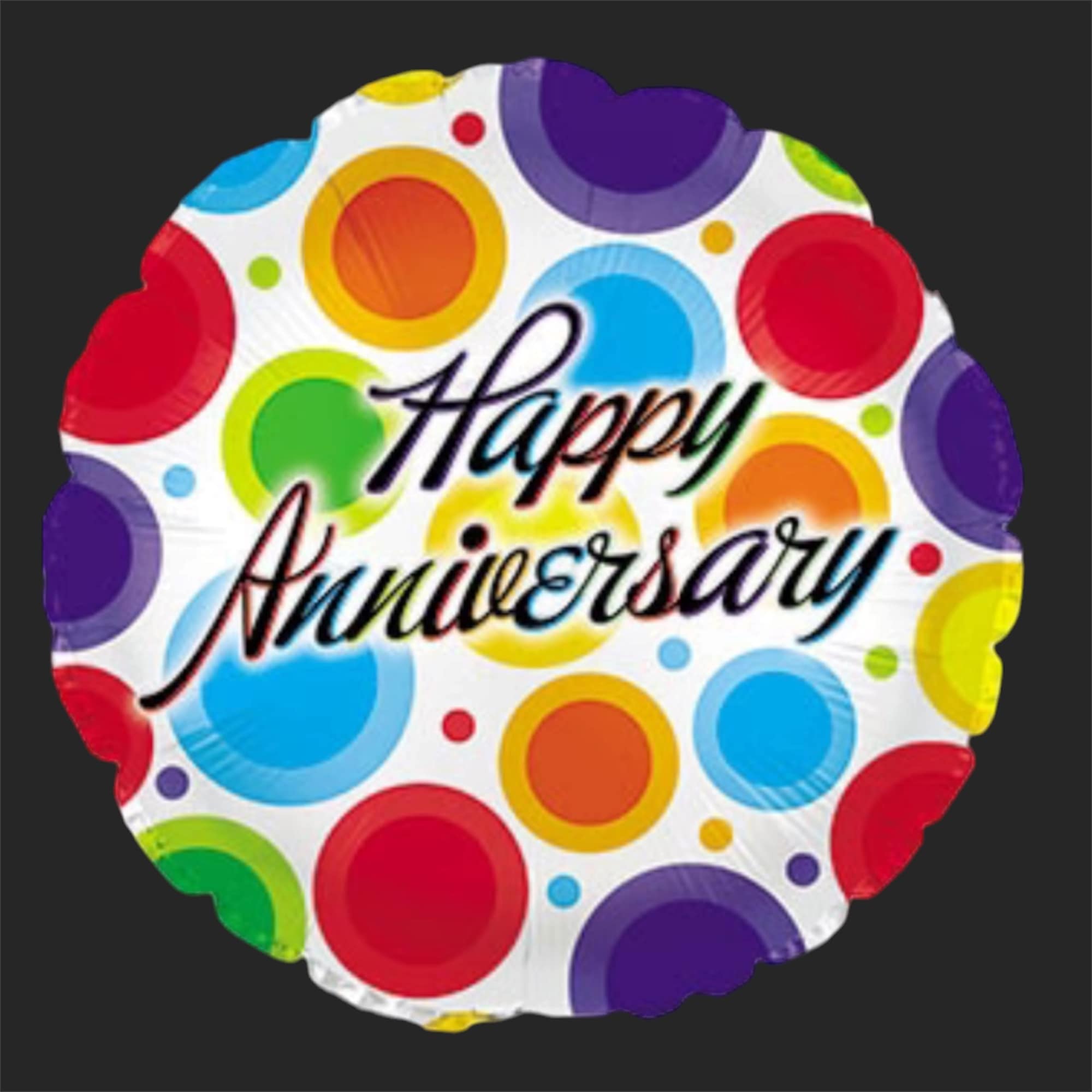 Round balloon with colorful polka dots and "Happy Anniversary" text