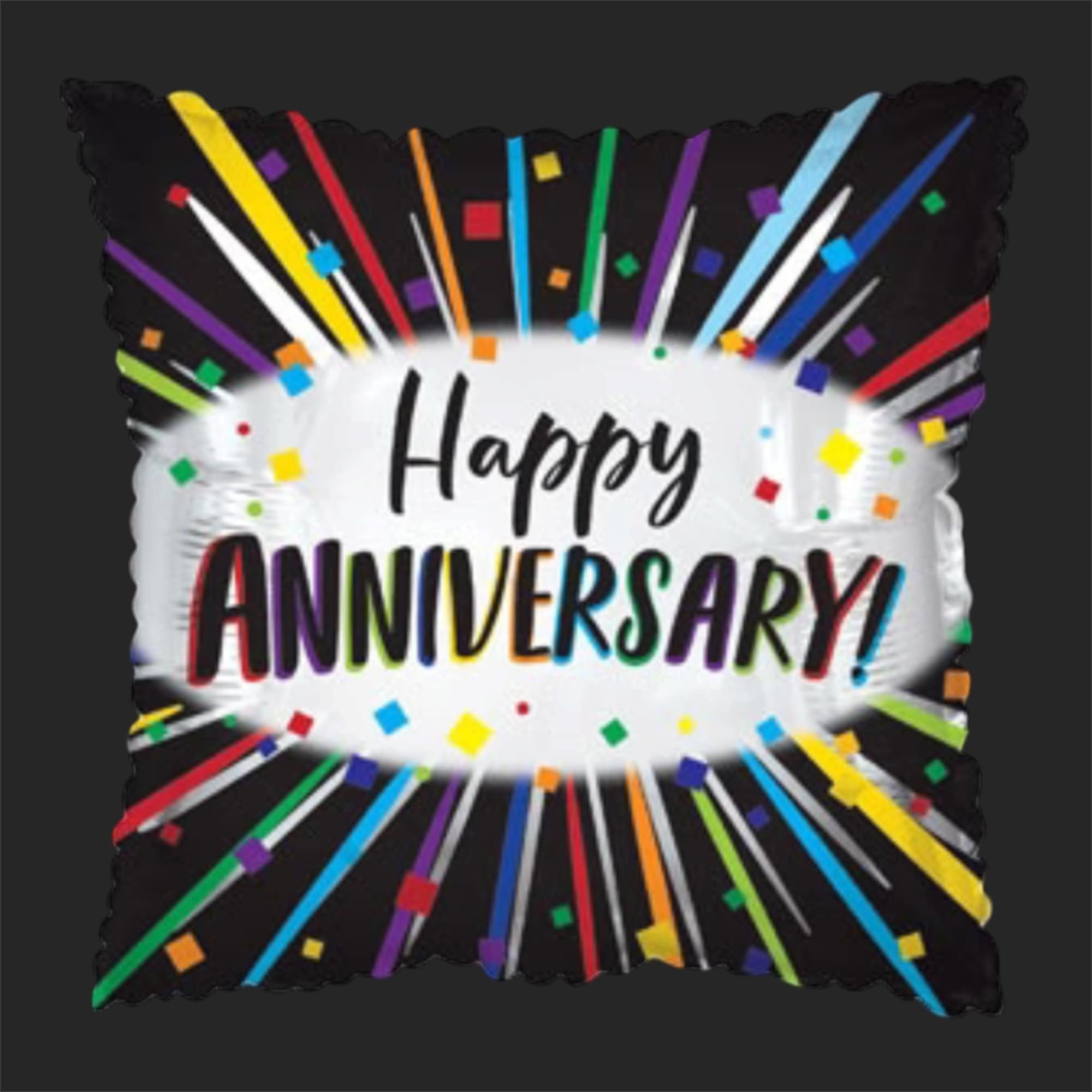 Square foil balloon with "Happy Anniversary" text and colorful confetti design