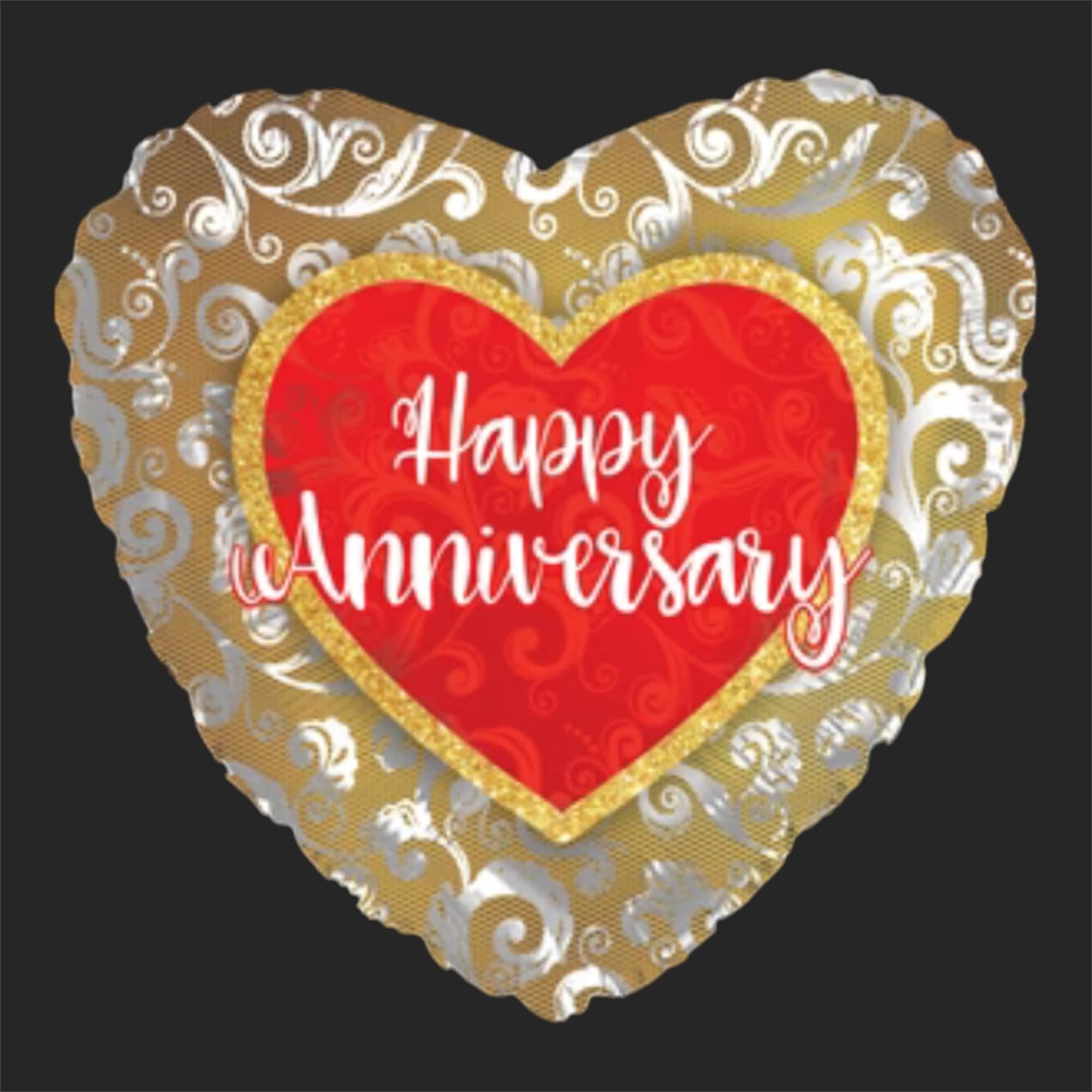 Heart-shaped anniversary balloon with red center and gold-and-silver pattern