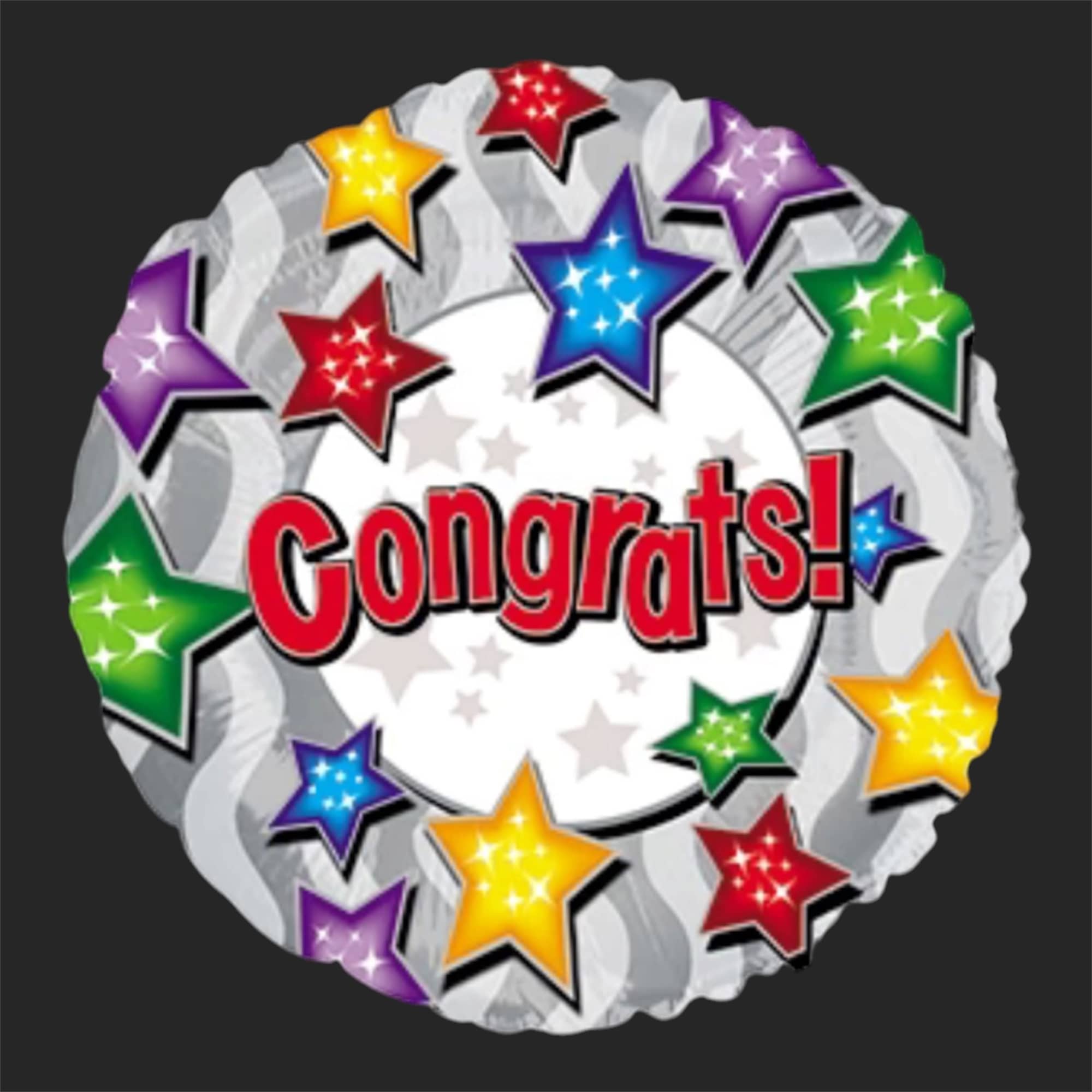 Round congratulatory balloon with colorful stars and the word Congrats