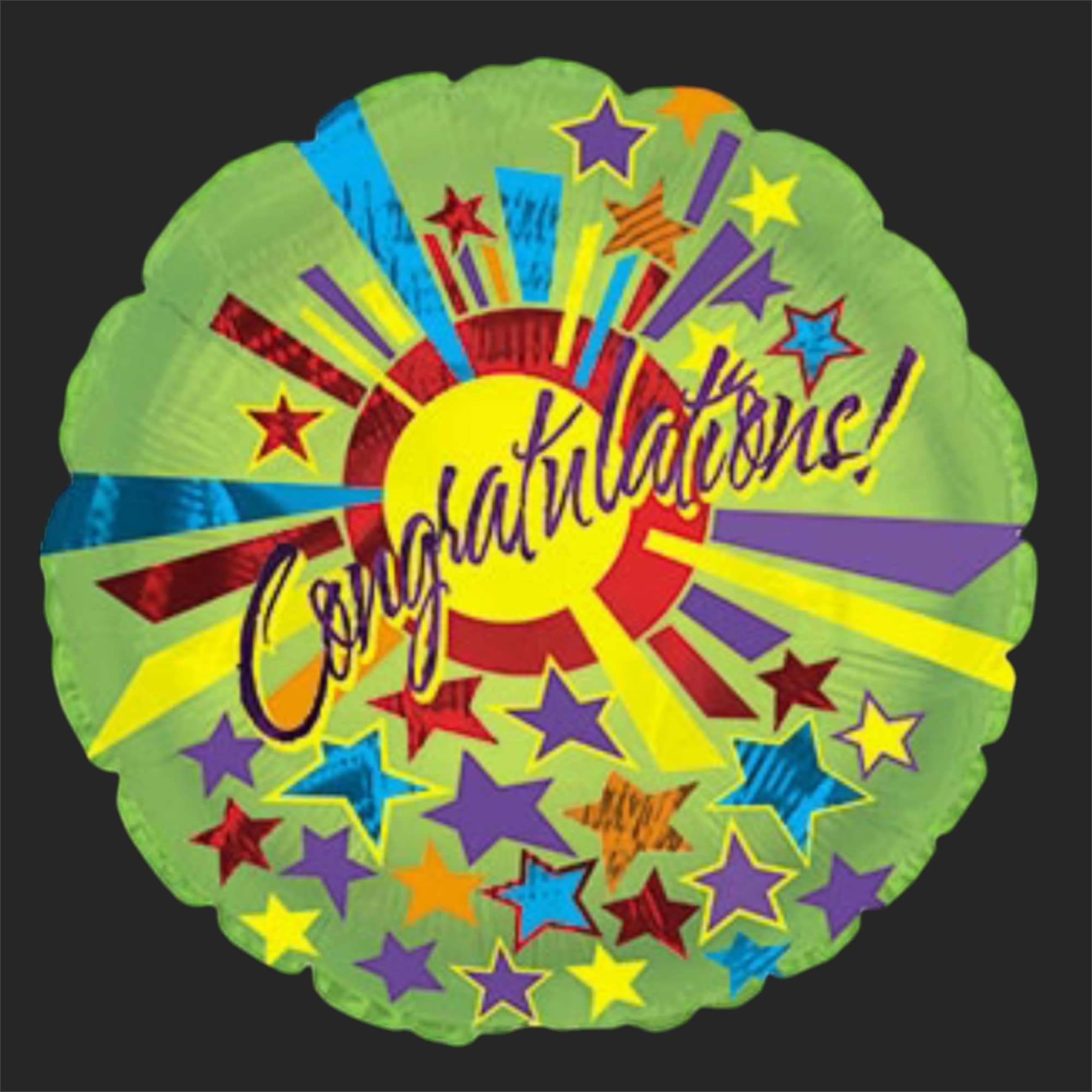 Round green congratulatory balloon with colorful stars and lettering
