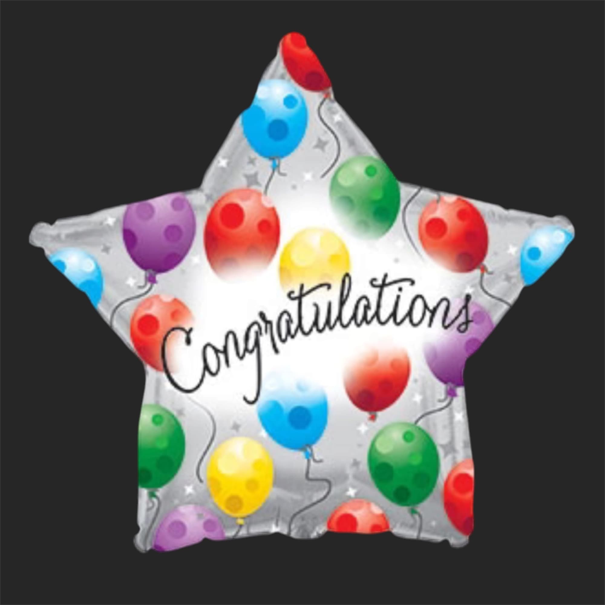 Star-shaped balloon with colorful balloons and the word Congratulations