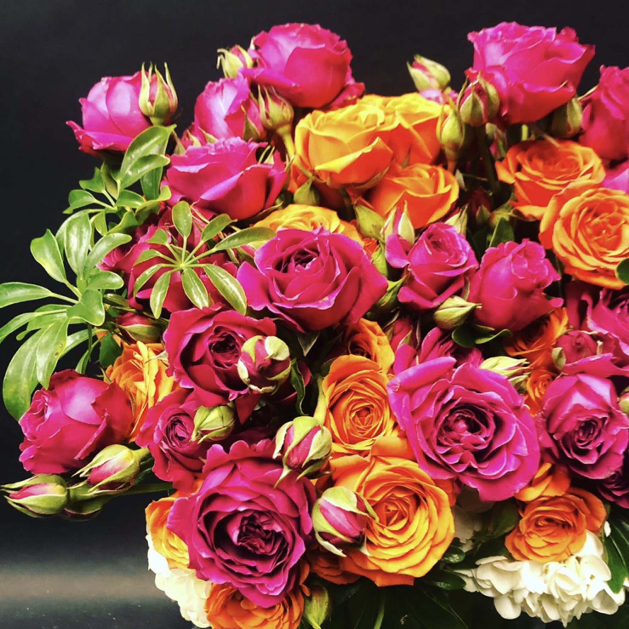 Bouquet of pink, orange, and yellow roses with green foliage
