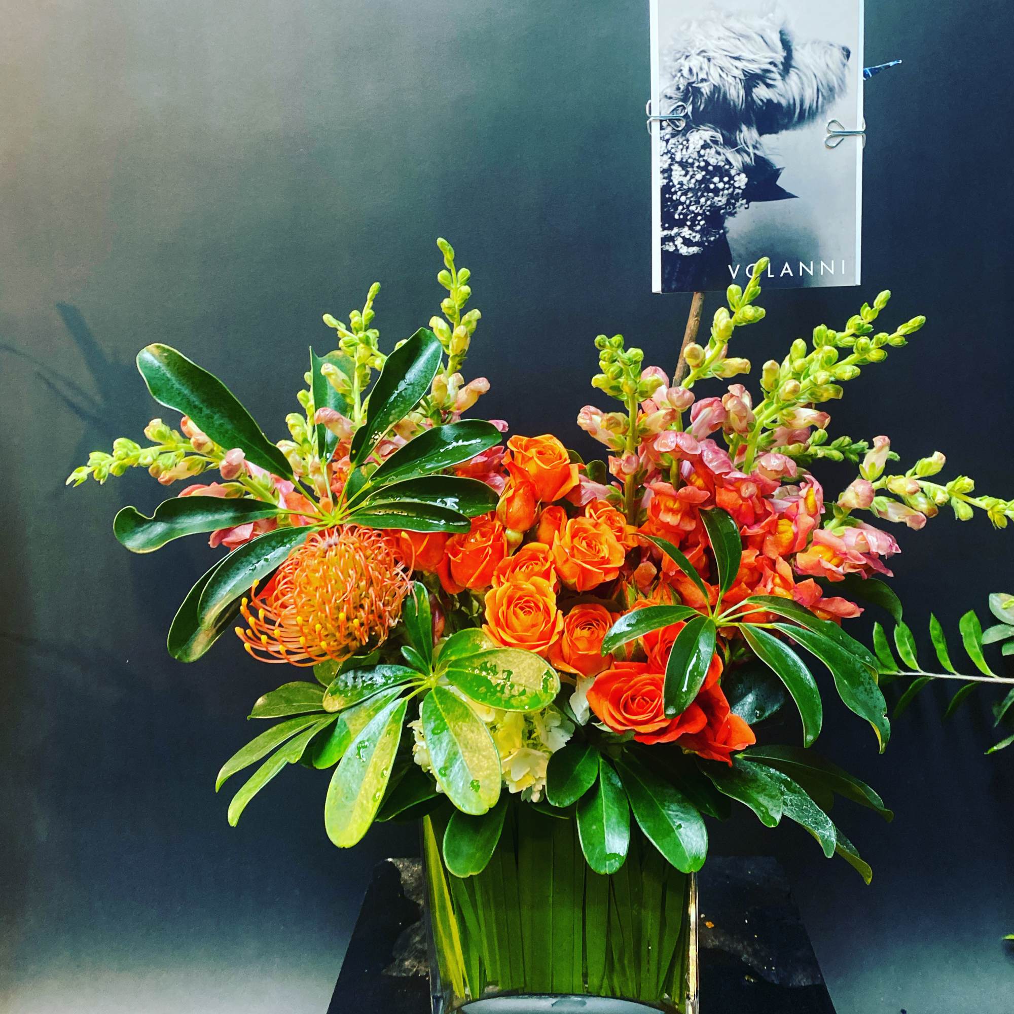 Orange roses and pink snapdragons in a glass vase with glossy green foliage
