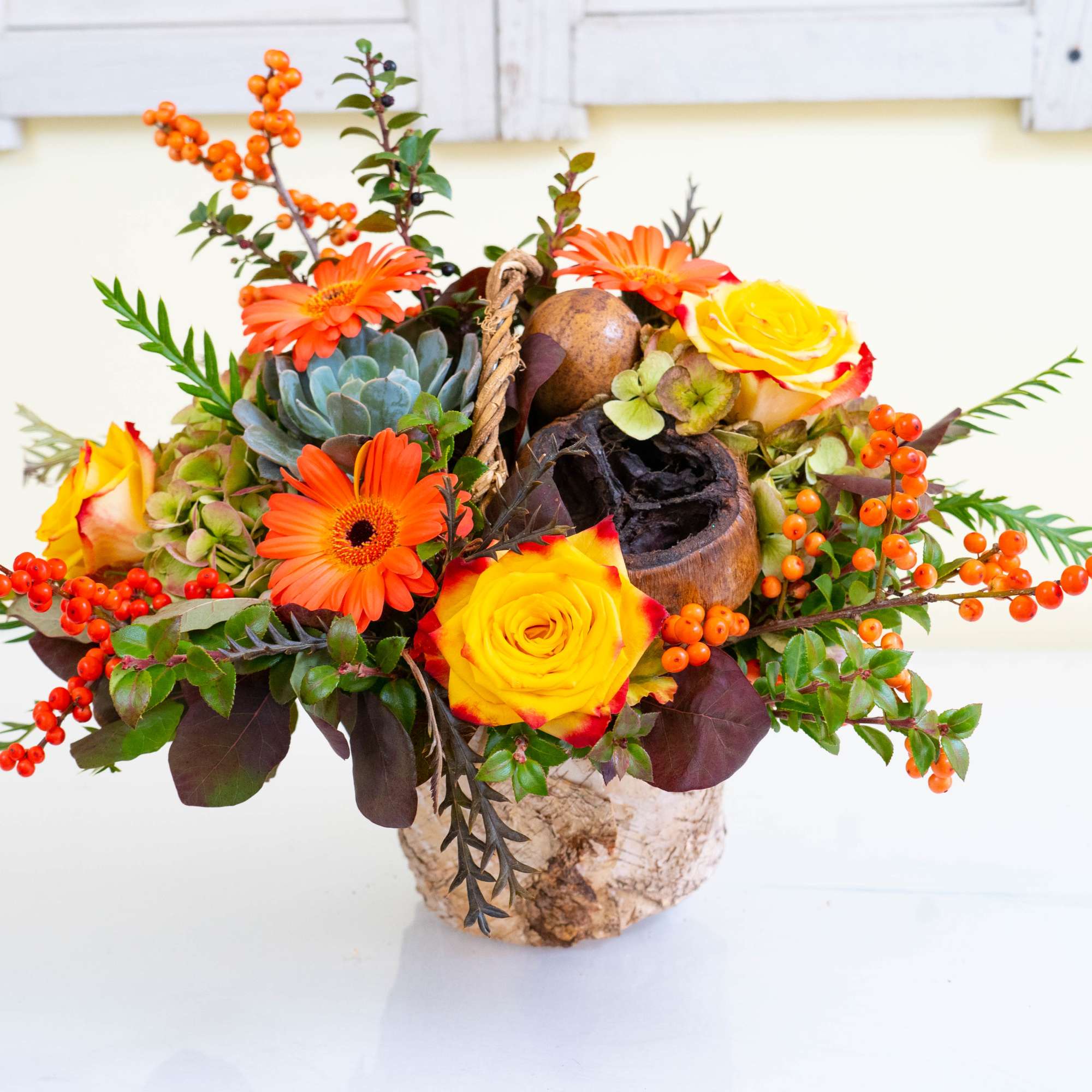 In a white birch container, Autumn Bliss is a stunning, harvest-themed arrangement, photo 3 of 3