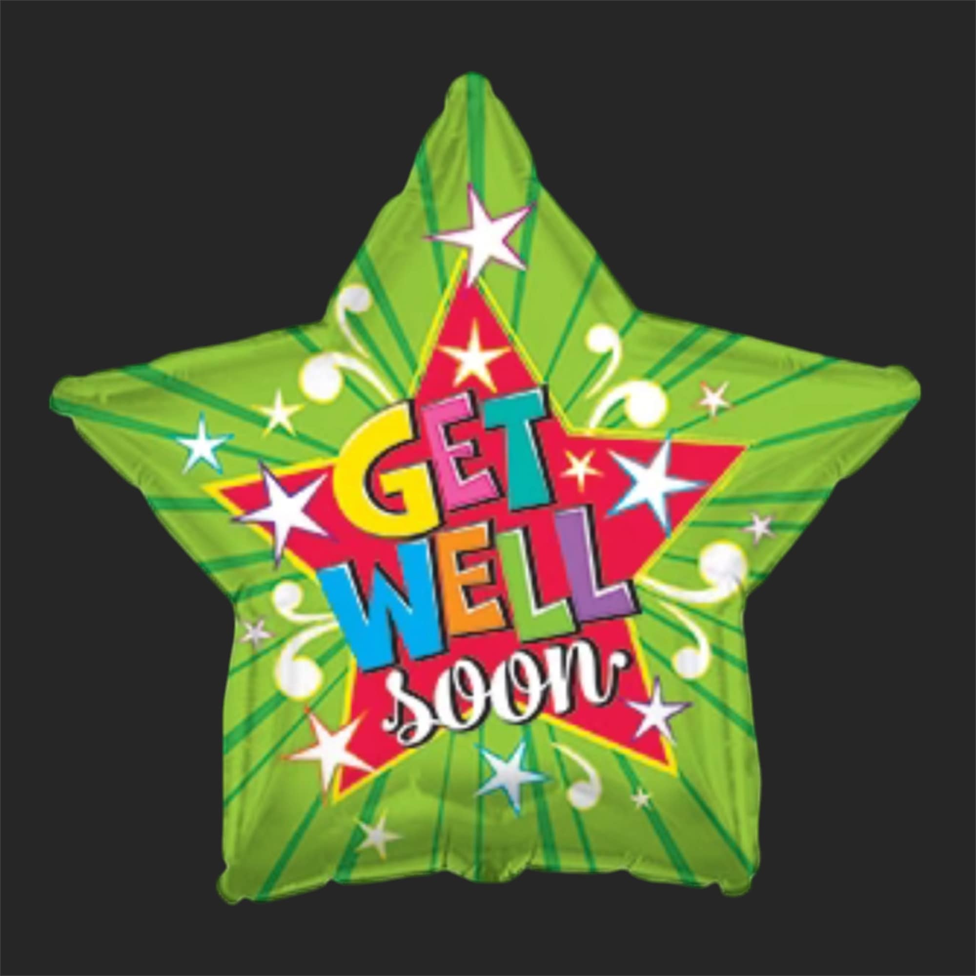 Star-shaped green balloon with colorful "Get Well Soon" text