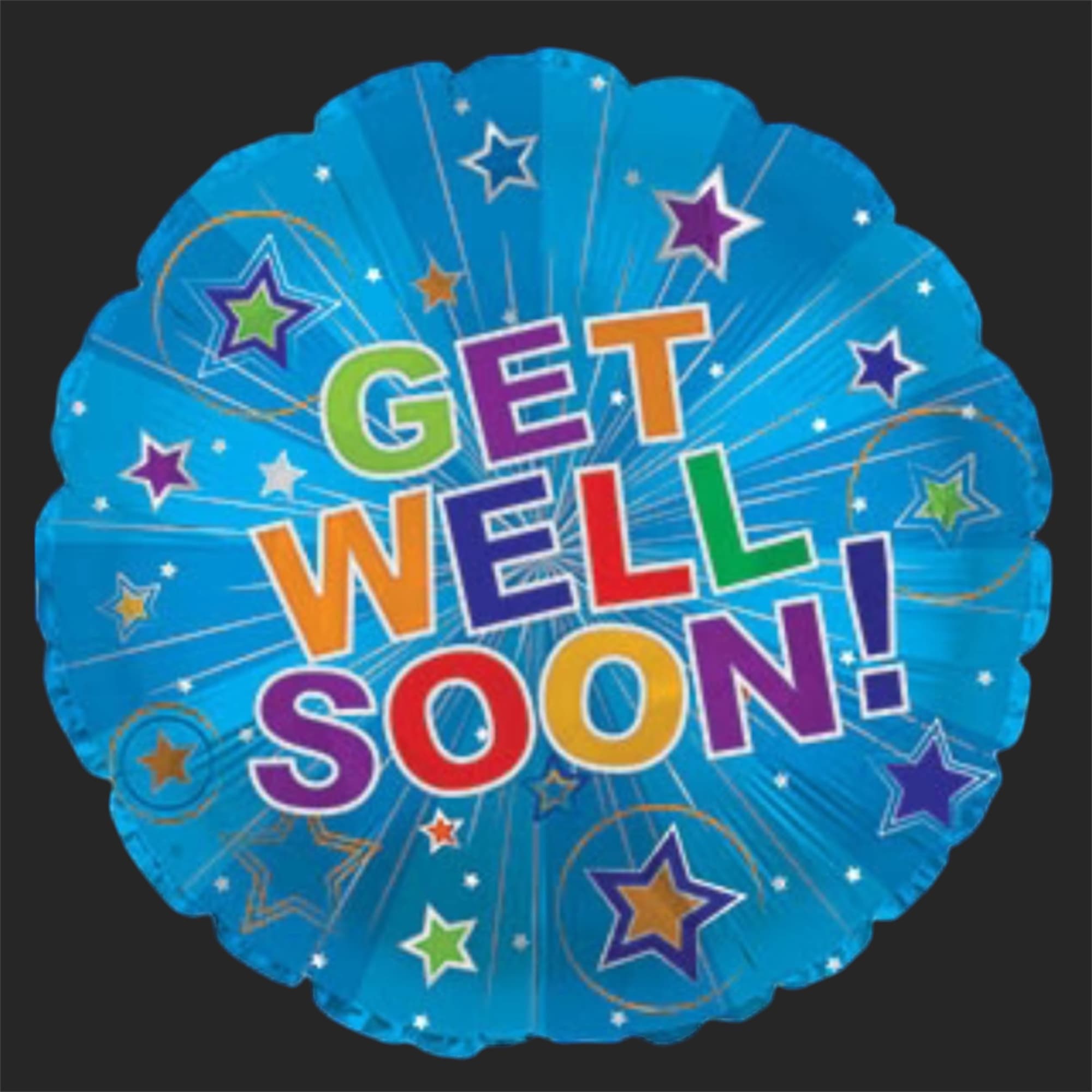 Round blue balloon with colorful "GET WELL SOON!" text and stars