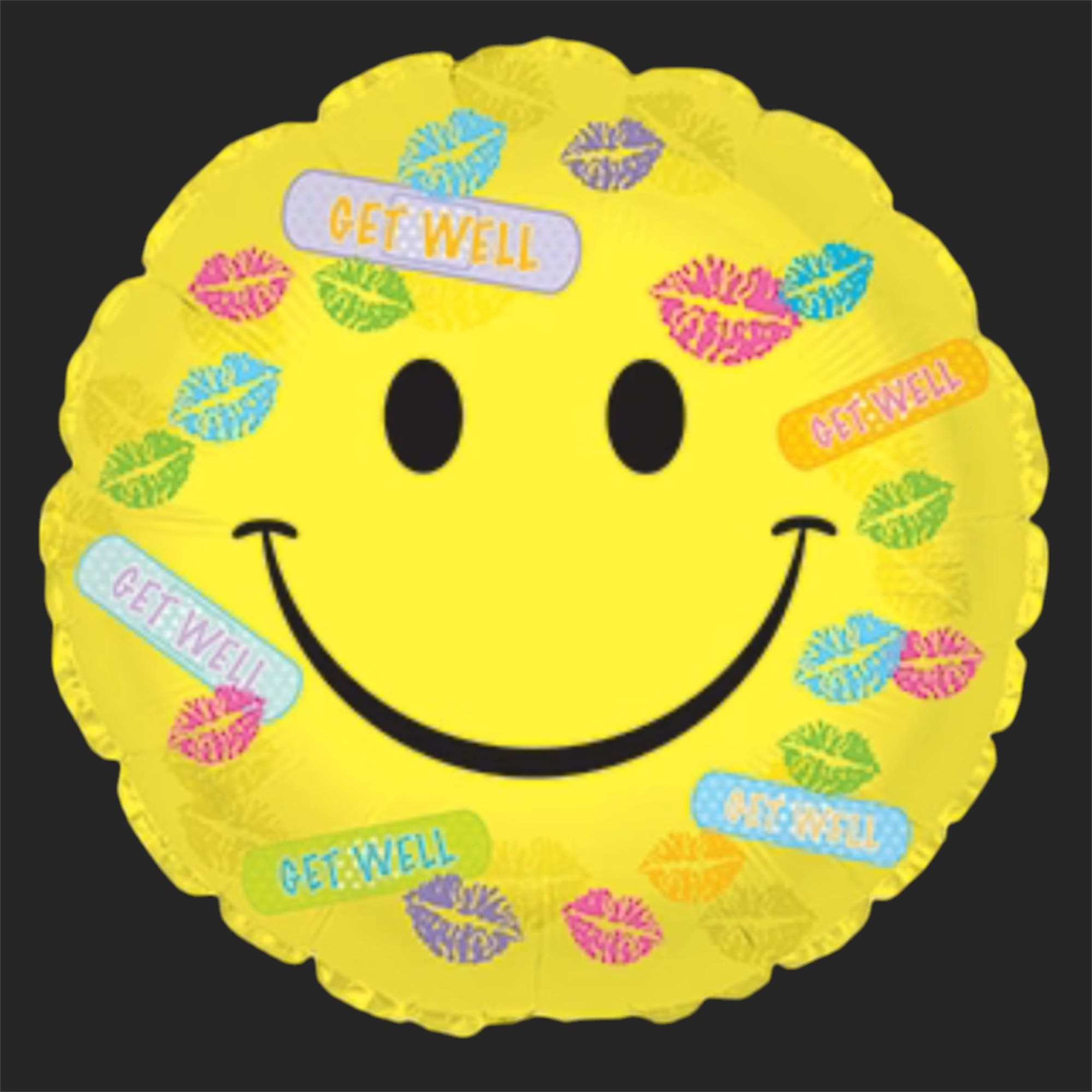 Yellow smiley-face get well balloon with colorful lip prints