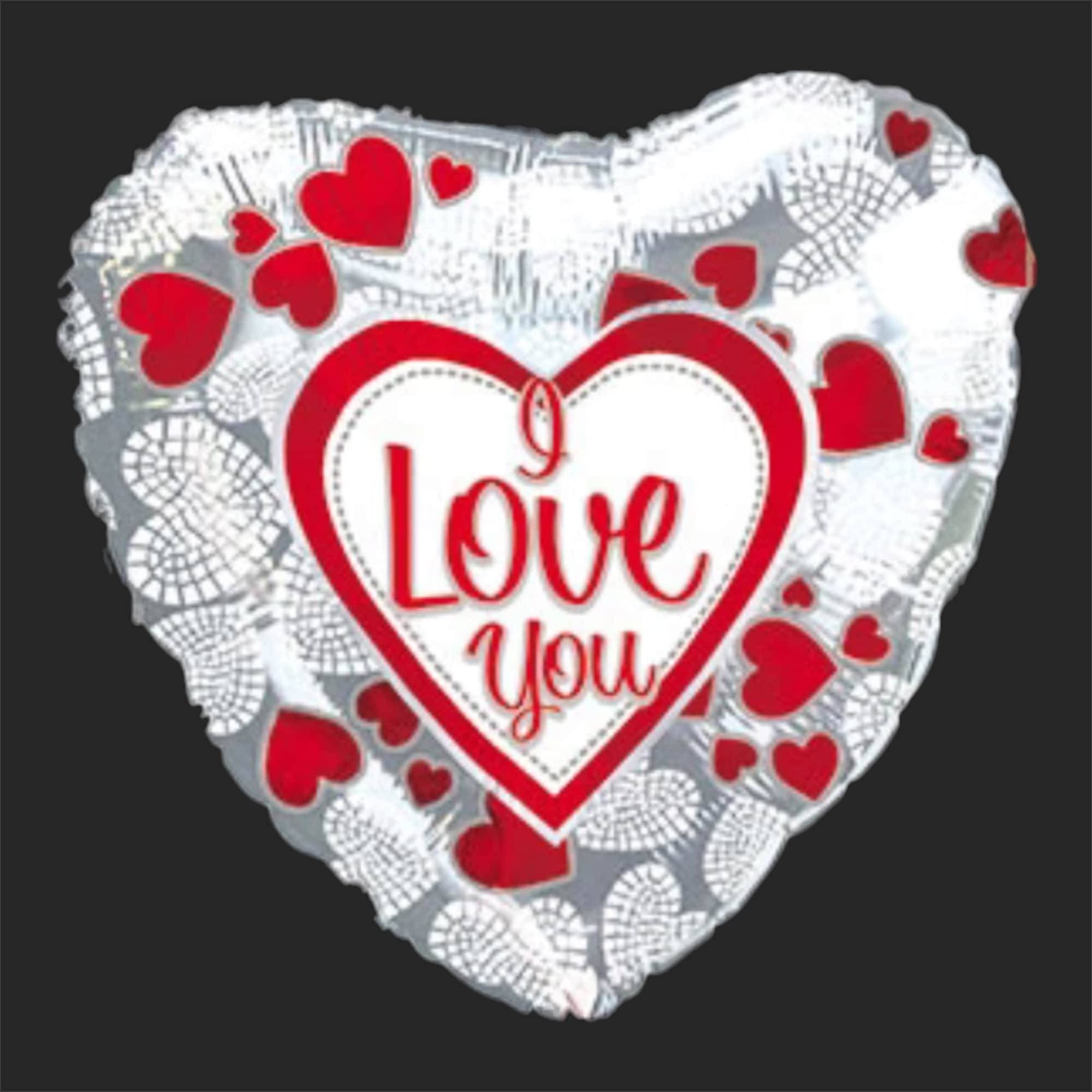 Heart-shaped foil balloon with red hearts and "I Love You" text