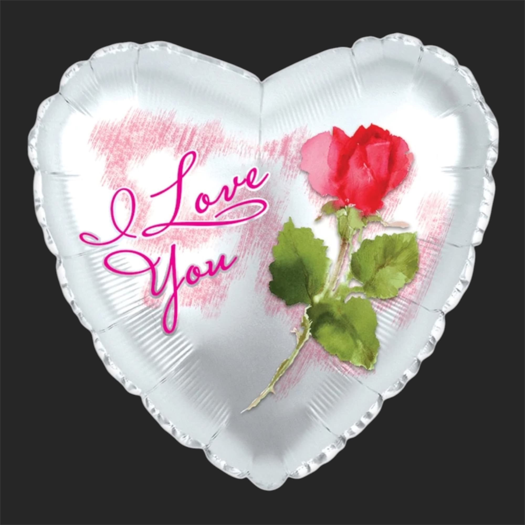 Heart-shaped balloon with a red rose and the words I Love You