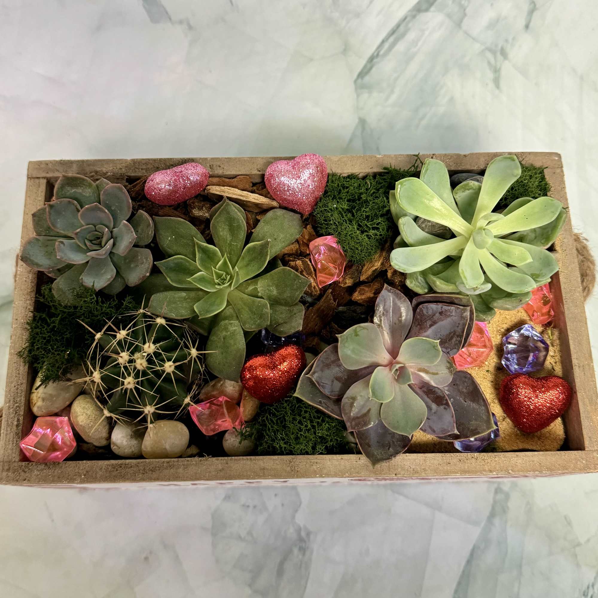 Rectangular planter with succulents, a cactus, and glittery heart decorations