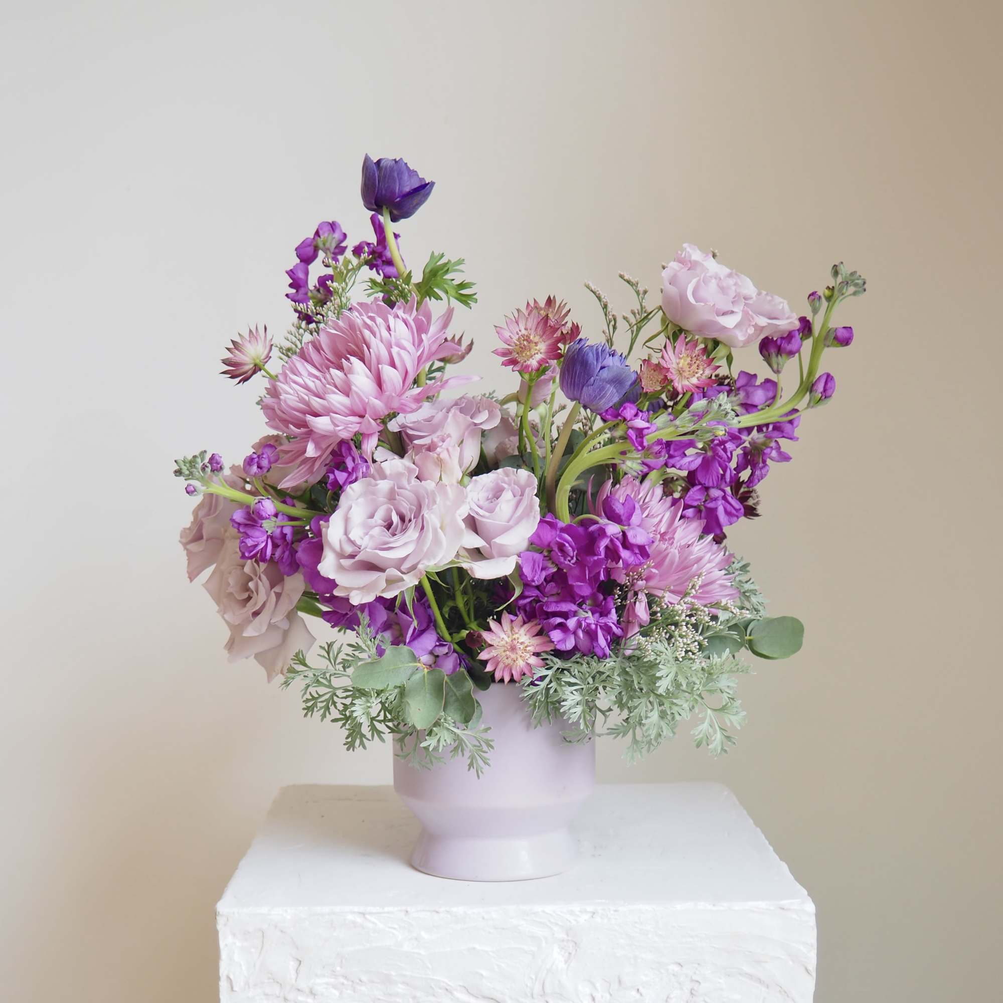 The Amethyst Arrangement features a balanced mix of soft lavender and deep, photo 2 of 2
