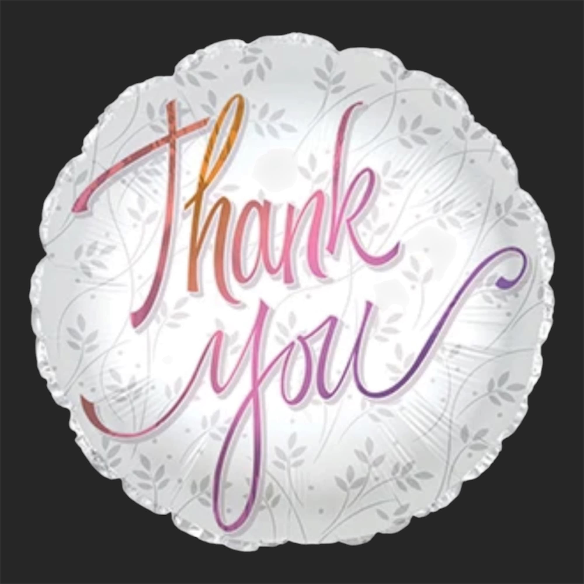 Round white balloon with the words "thank you" in pink and purple script