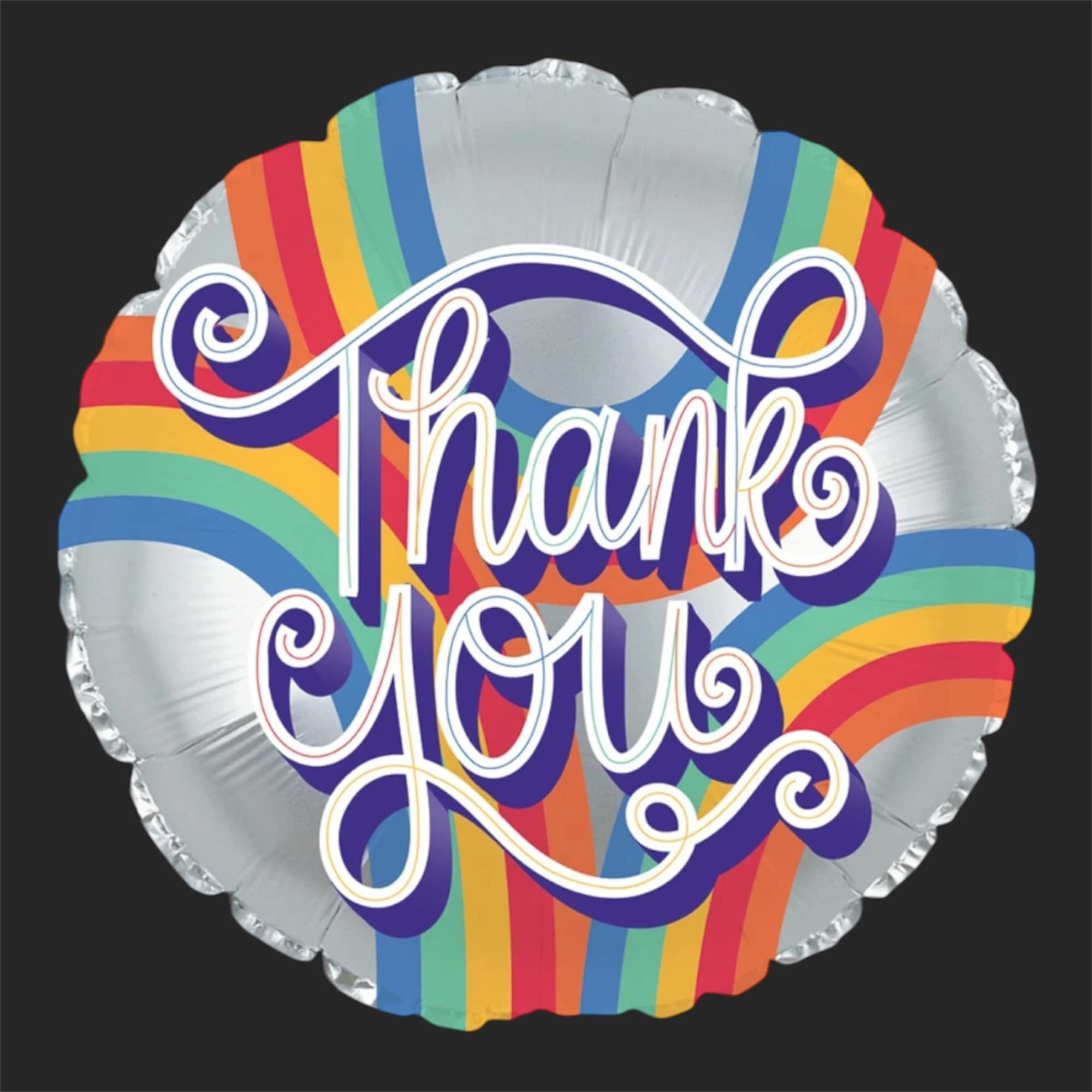 Round rainbow foil balloon with the words "Thank You"