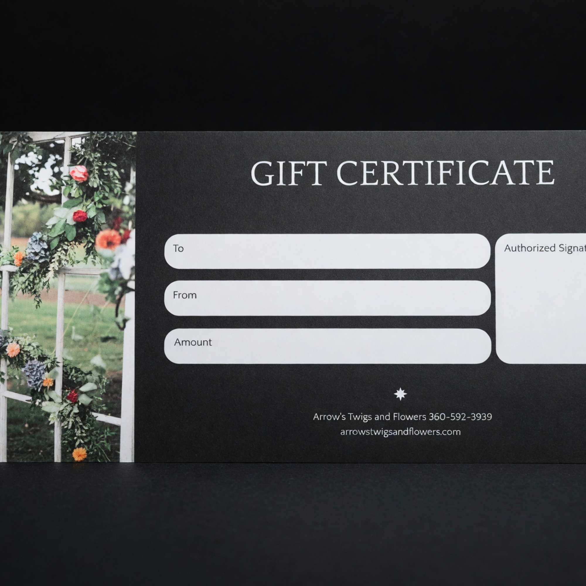 Gift certificate card with a floral photo on the left and blank fields on the right