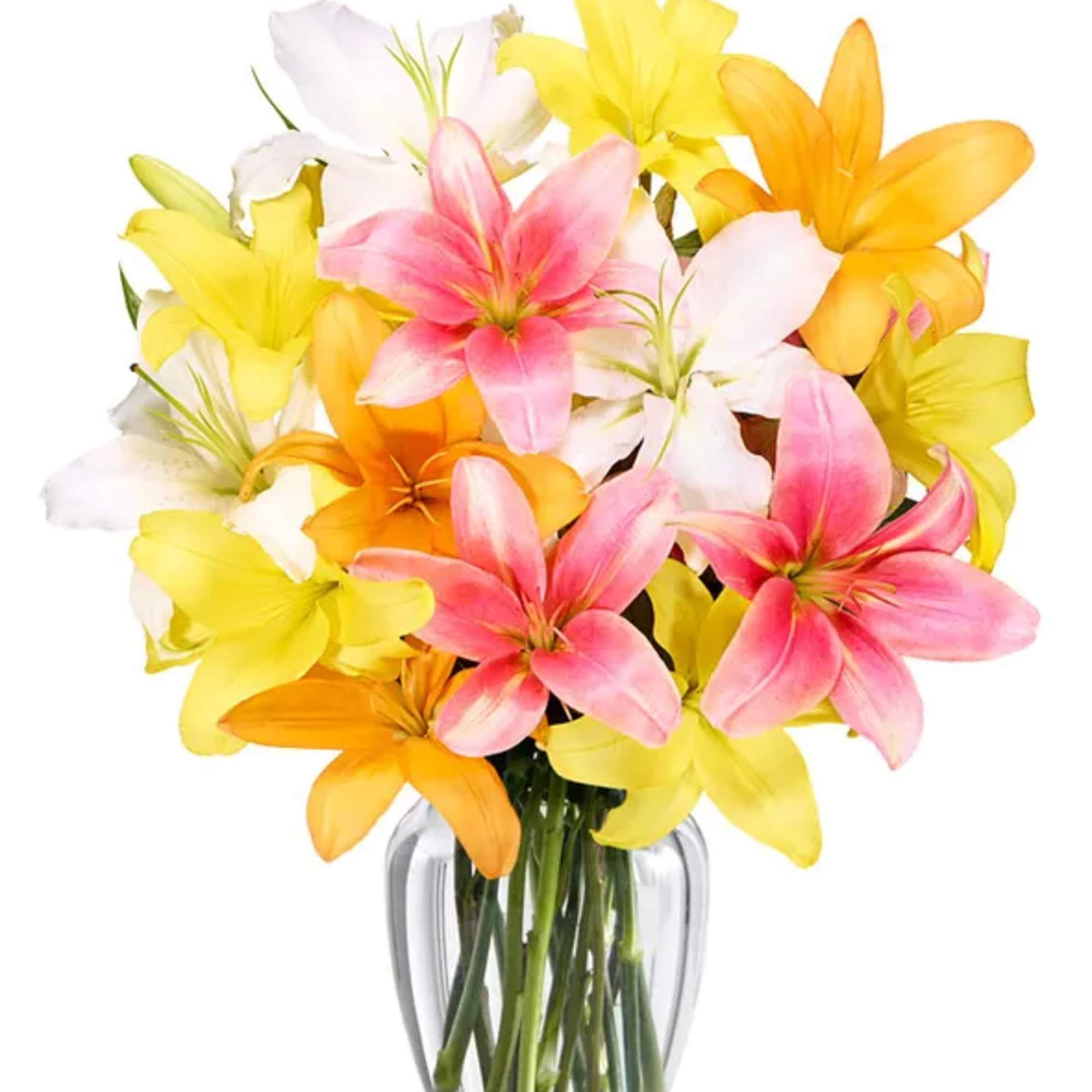 Bouquet of pink, yellow, white, and orange lilies in a clear glass vase