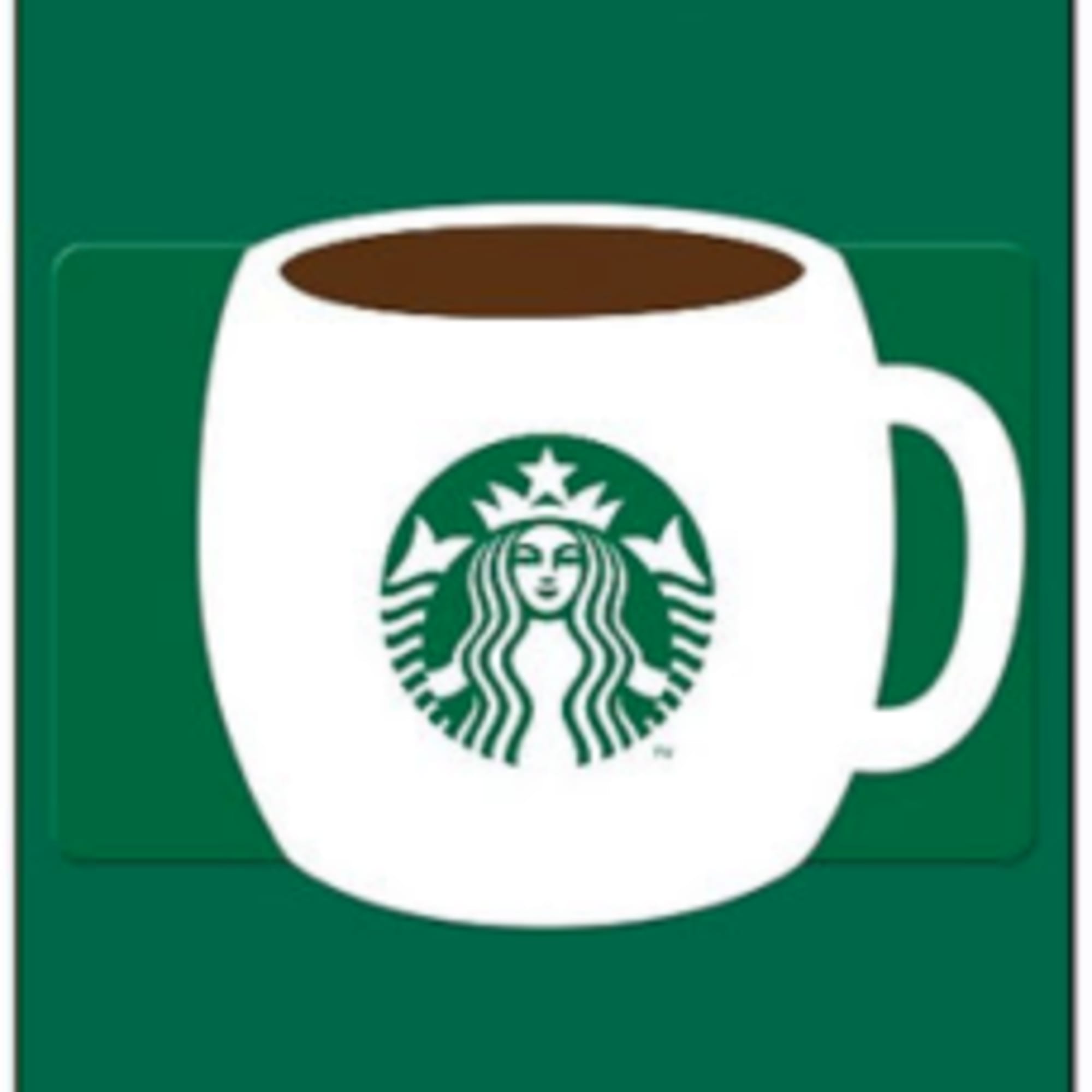 Starbucks $15 gift card with a white mug graphic