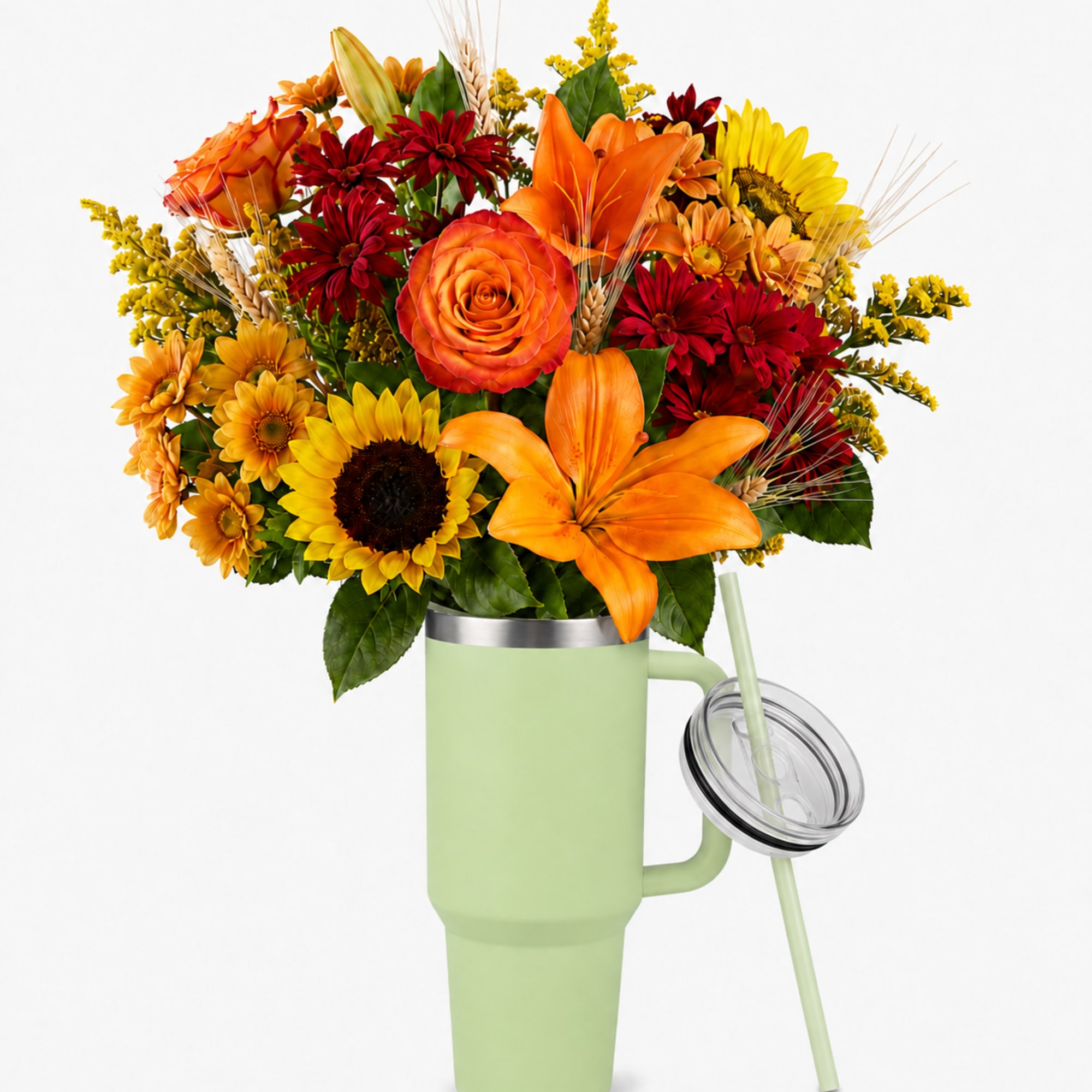 Bouquet of orange, red, and yellow flowers in a green tumbler vase