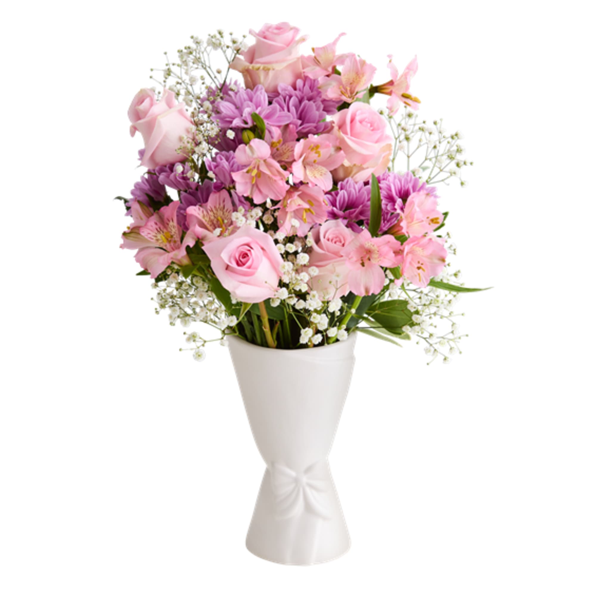 Pink roses and purple flowers arranged in a white vase