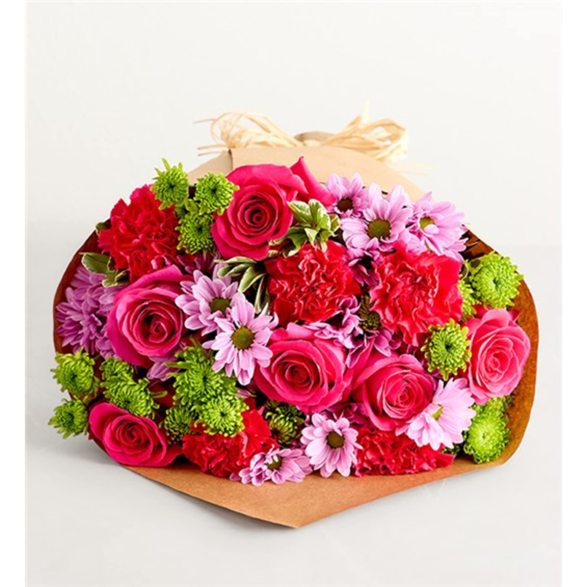 Bouquet of pink roses, red carnations, and purple daisies wrapped in brown paper