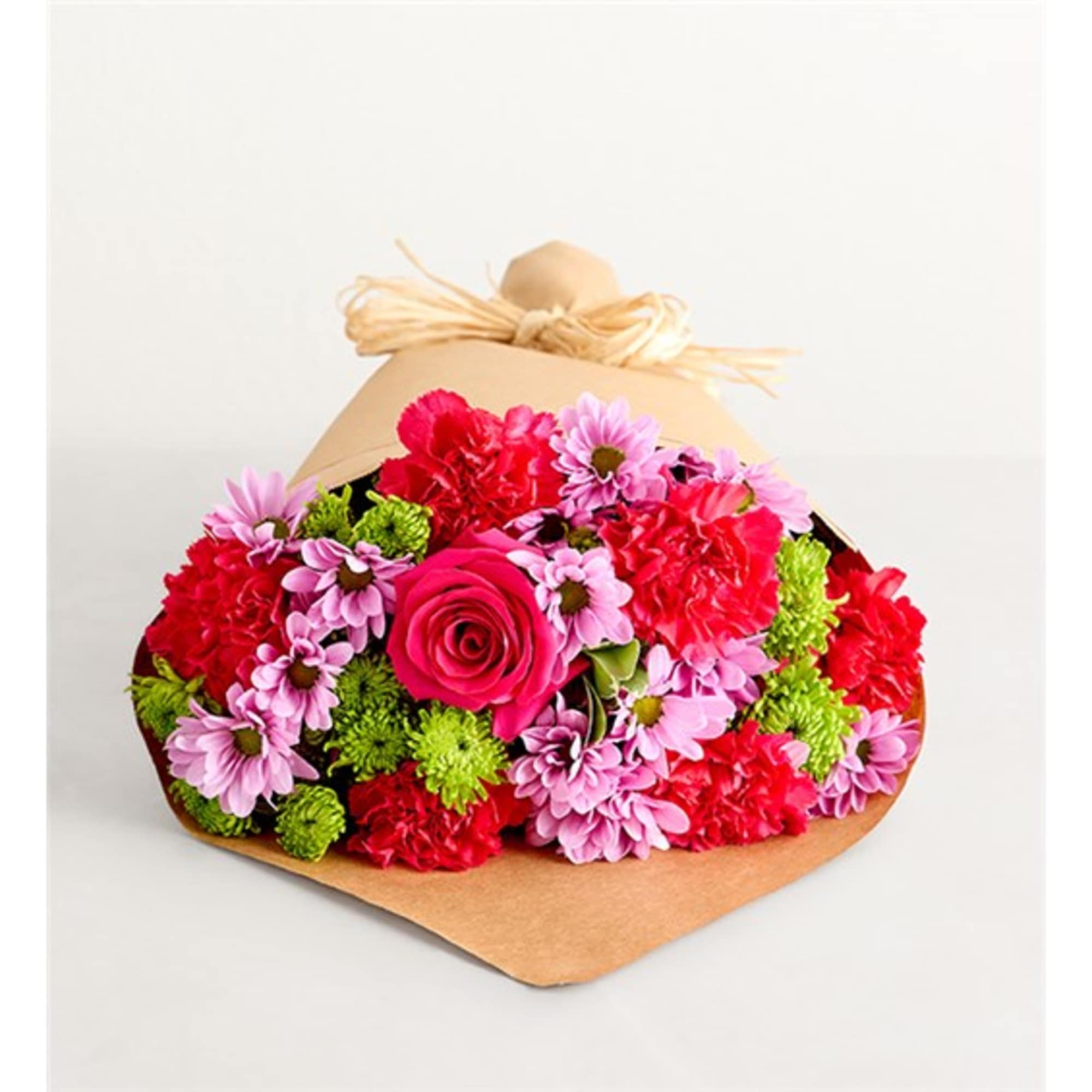 Bouquet of pink, red, and green flowers wrapped in brown paper