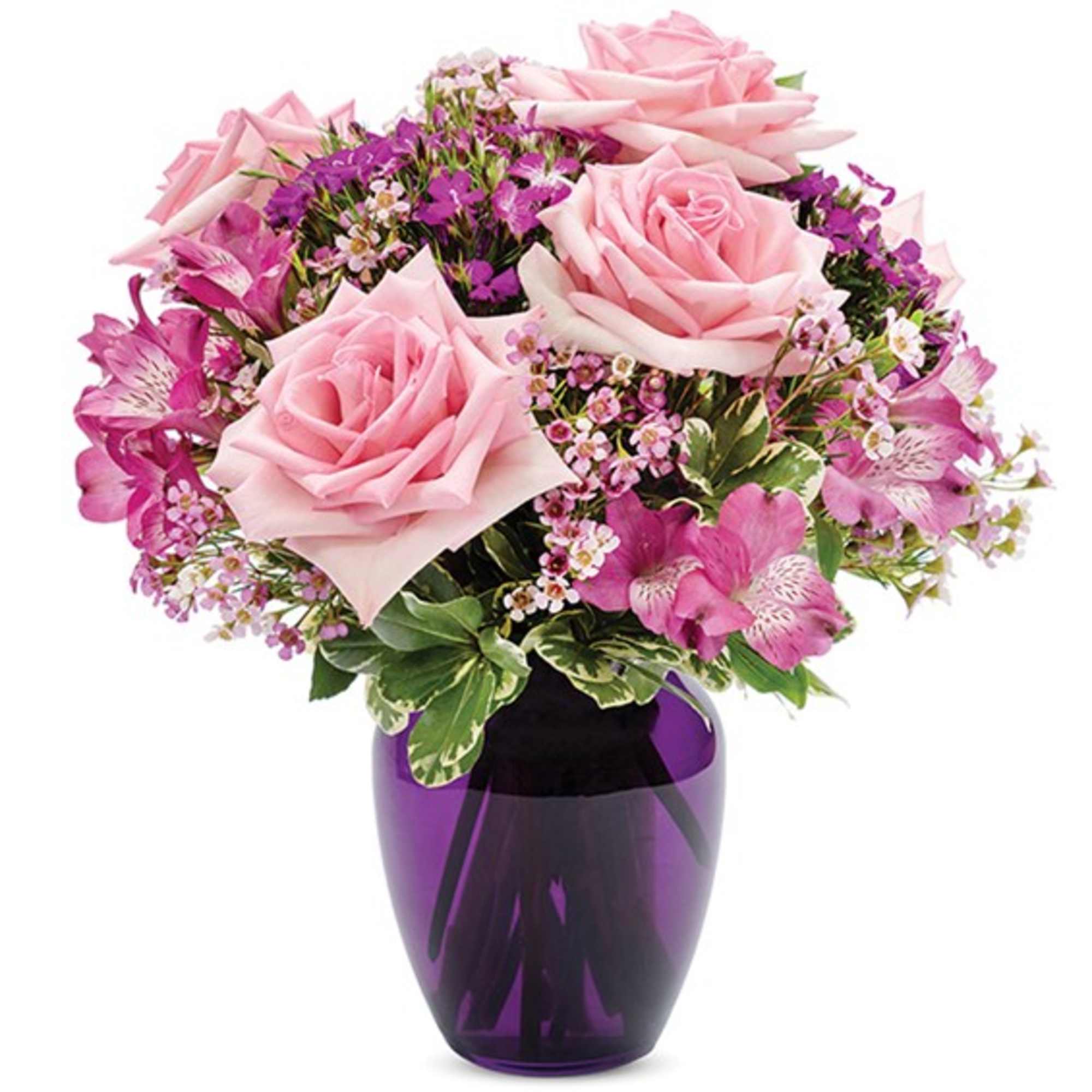 Pink roses and purple flowers arranged in a purple vase