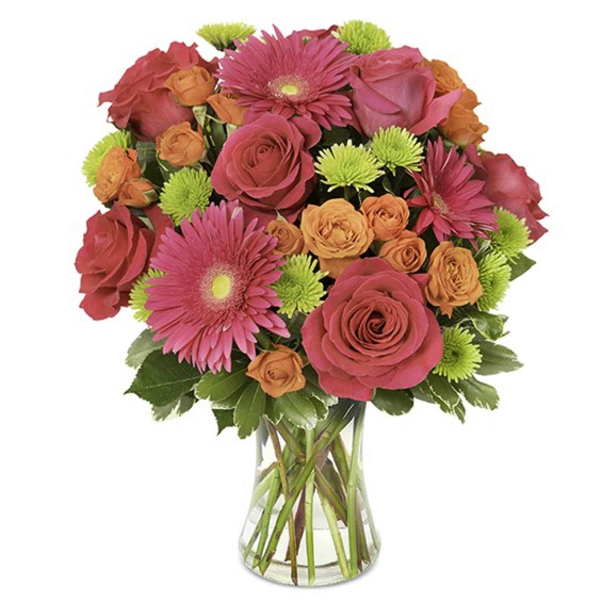 Bright pink and orange bouquet of roses and daisies in a clear glass vase