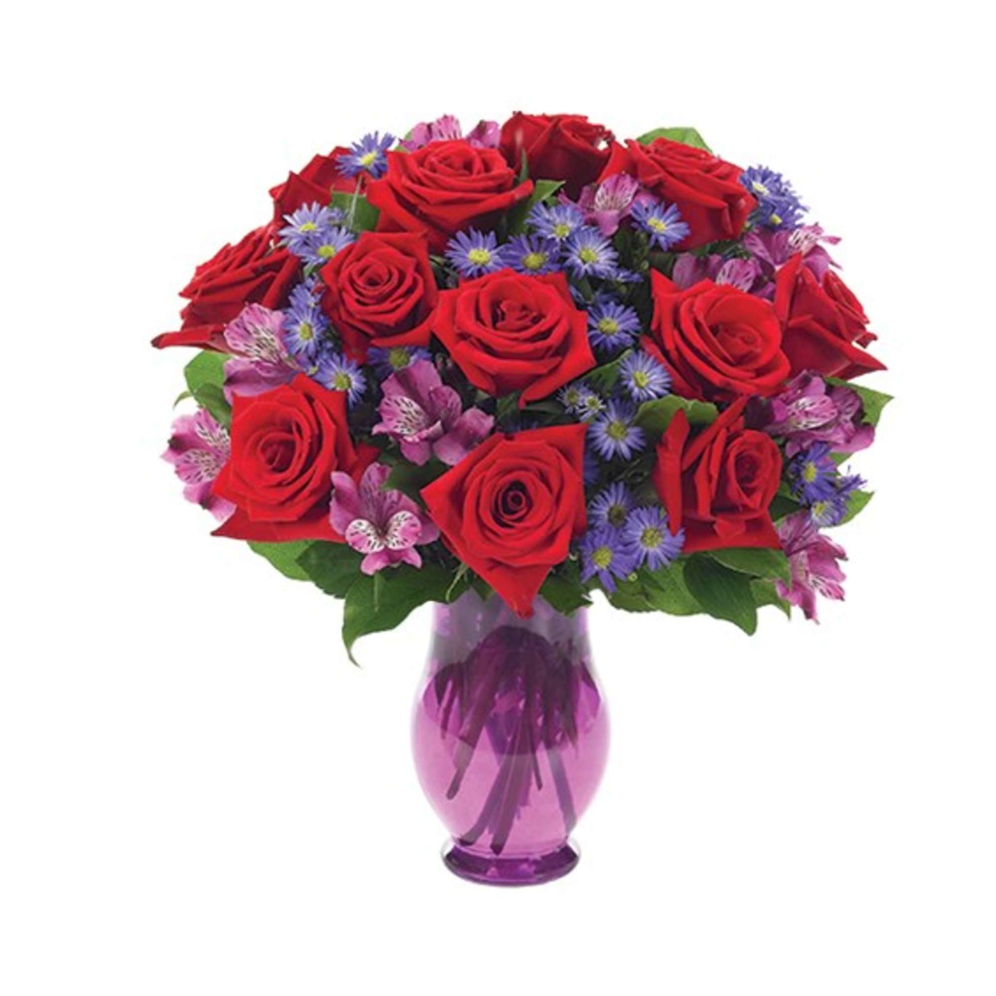Bouquet of red roses and purple flowers in a purple glass vase