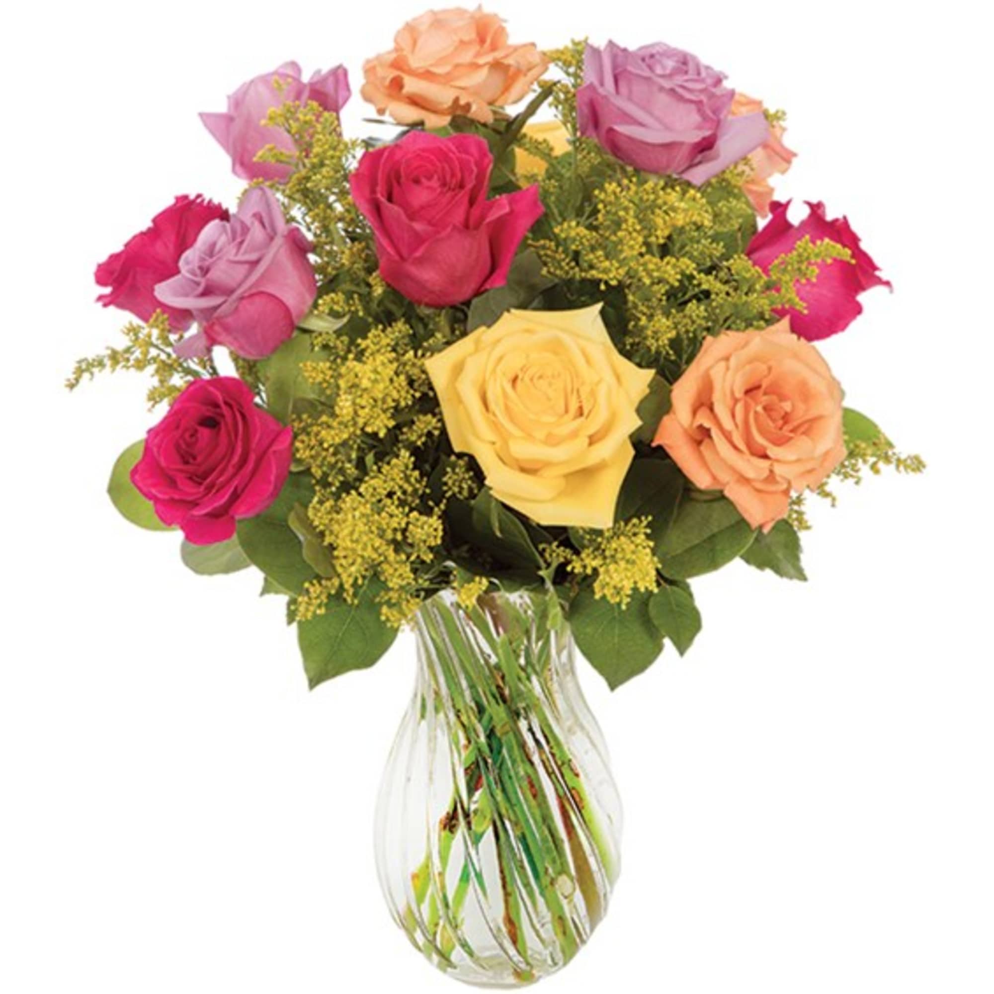 Mixed roses in a clear glass vase