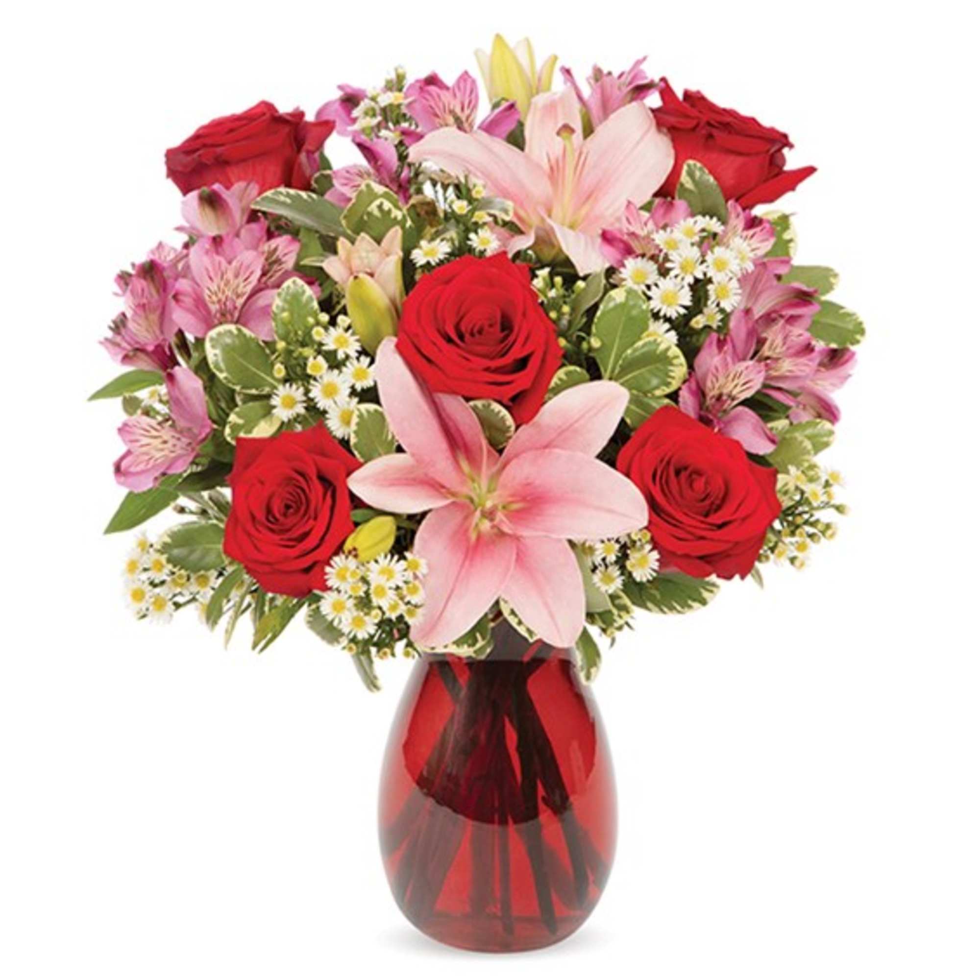 Bouquet of red roses and pink lilies in a red glass vase